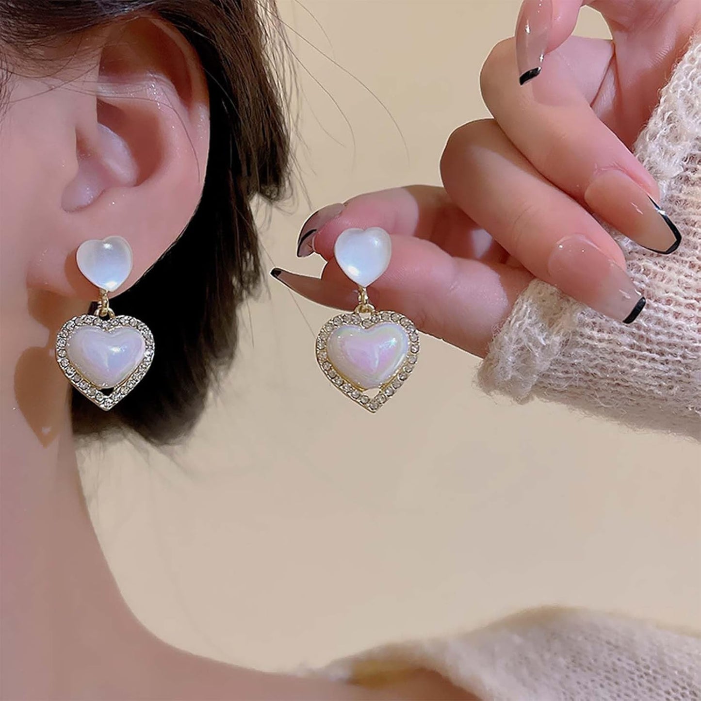 Vintage Rhinestone Heart Drop Earrings Opal Heart Stud Earrings Moonstone Heart Earrings Gold Crystal Heart Dangle Earrings Jewelry for Women