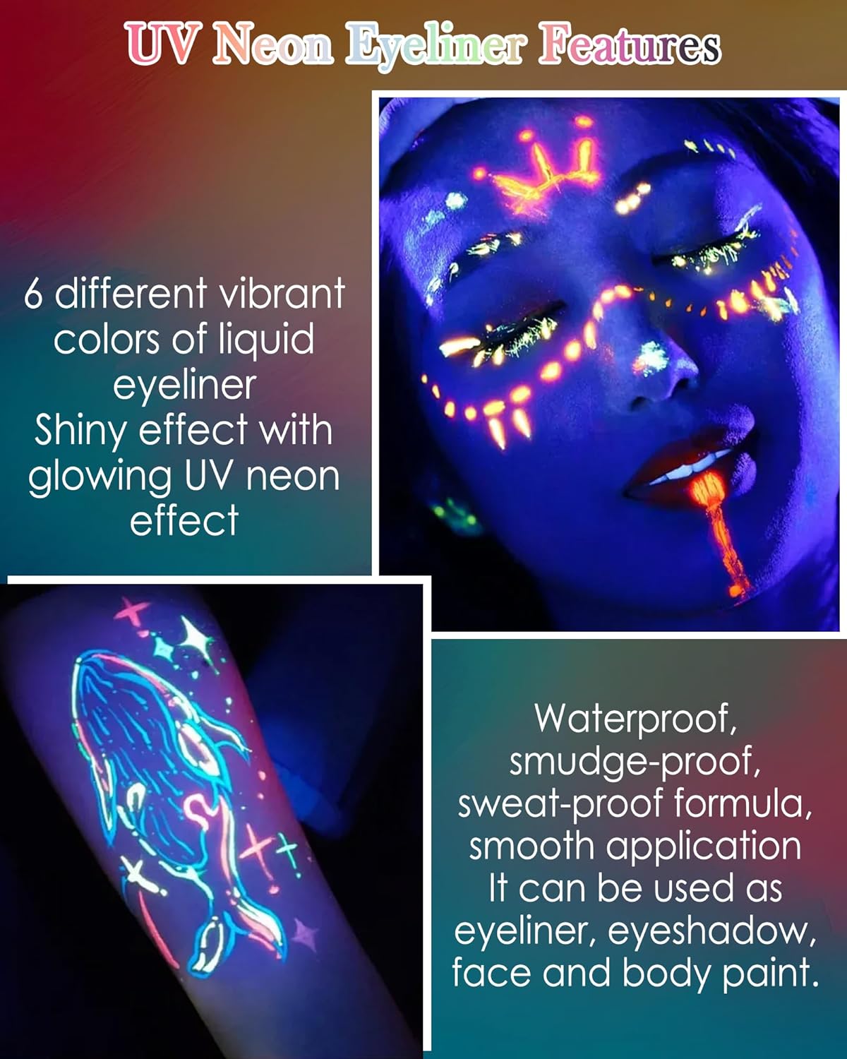 Glitter UV Neon Eyeliner Pencil, Waterproof Smudge-Proof Orange Eye Liner Liquid Pen, High-Pigment Shimmer Eyeliner Pen Long-Lasting Colorful Professional Makeup,Halloween Rave Party Gift for Women-04