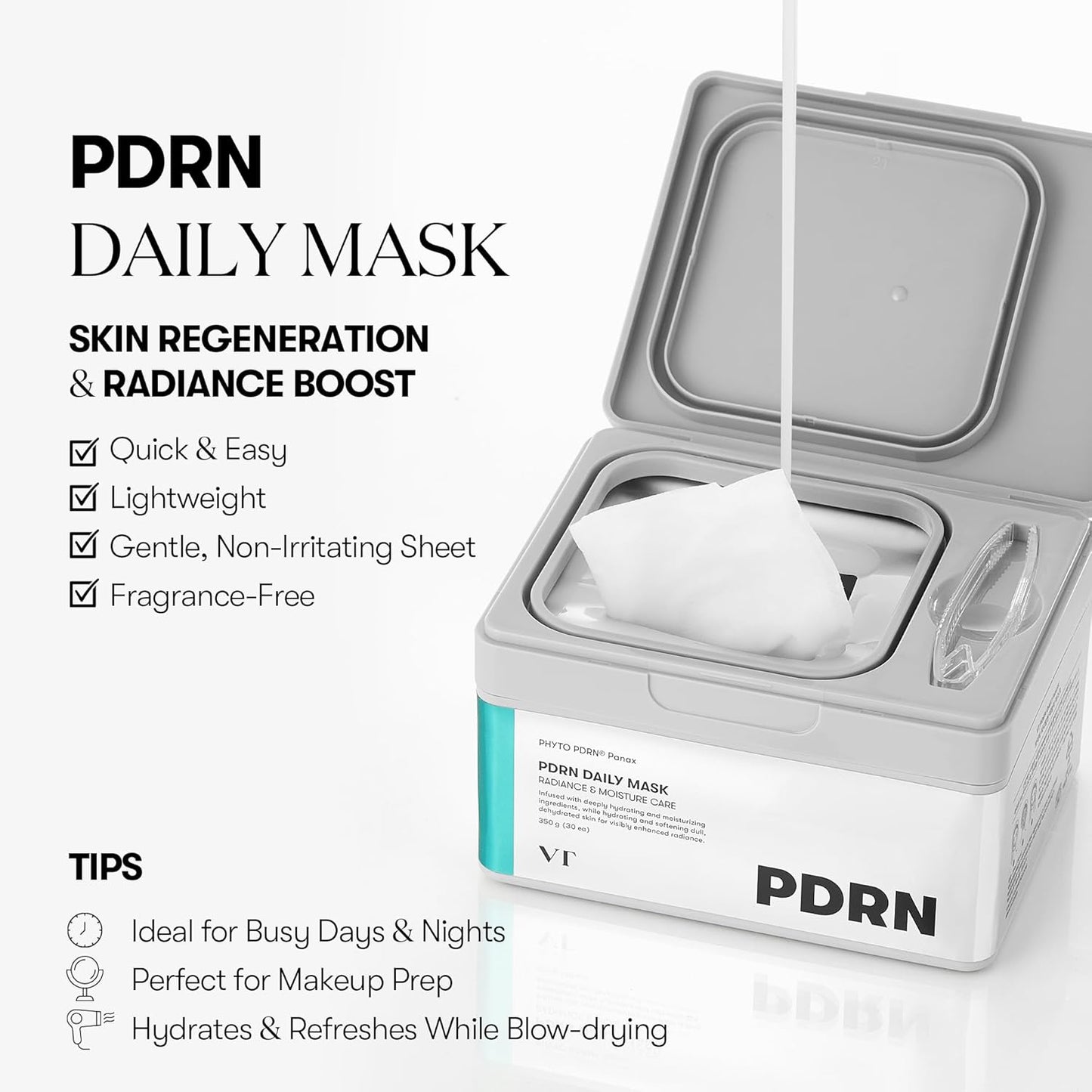 VT COSMETICS PDRN Daily Mask 30 Sheets, Vegan PDRN for Skin Restoration & Radiance, Hydrating & Moisturizing, Anti-Aging, Plumping Effect, Korean Face Mask (350g)