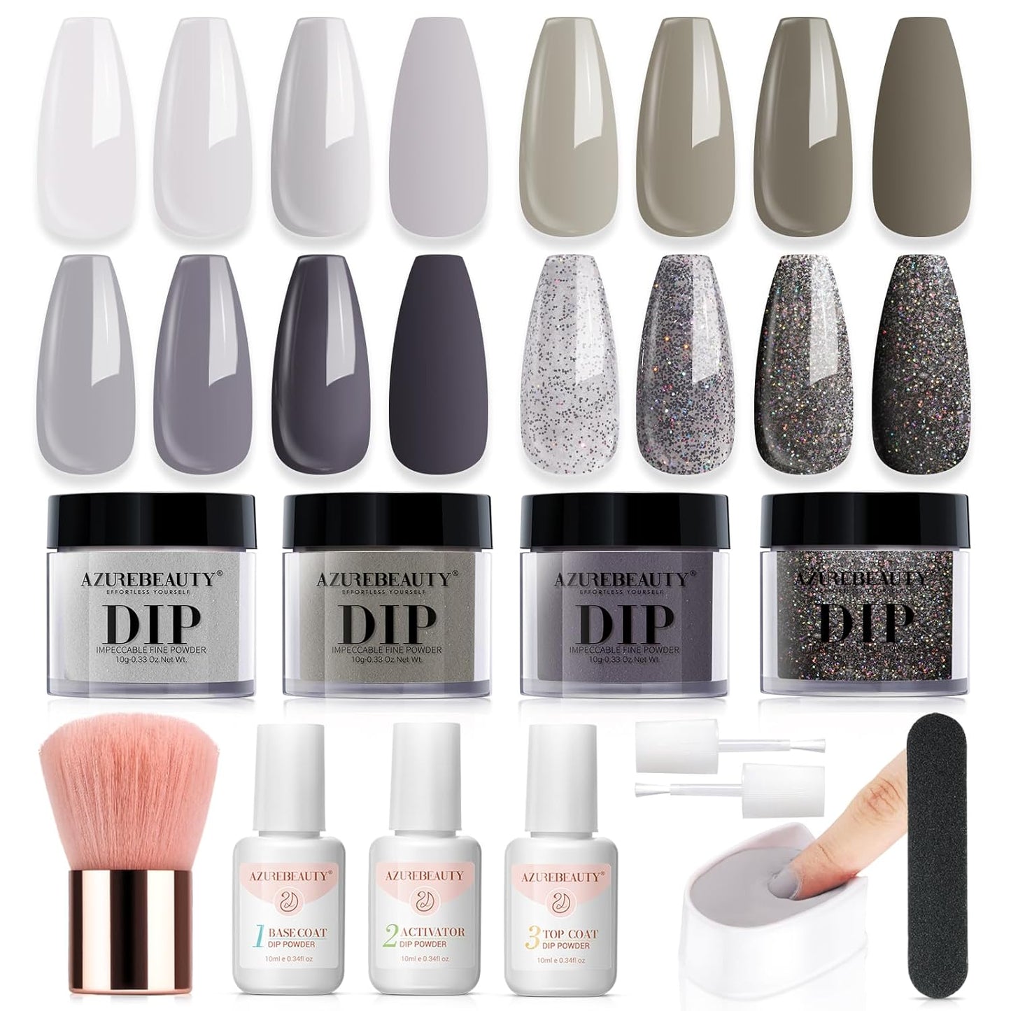 AZUREBEAUTY Dip Powder Nail Kit Starter, Light & Dark Grey Black Glitter Sparkle, 4 Colors Dipping Powder Set All Seasons, French Nail Art Base Top Coat Activator Liquid Manicure DIY Salon 12 PCS