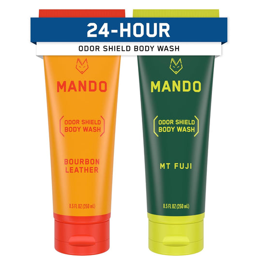Mando Acidified Body Wash - 24 Hour Odor Control - Removes Odor Better than Soap - Formulated without SLS or Phthalates - Skin Safe - 8.5 Ounce (Pack of 2) - Bourbon Leather and Mt Fuji