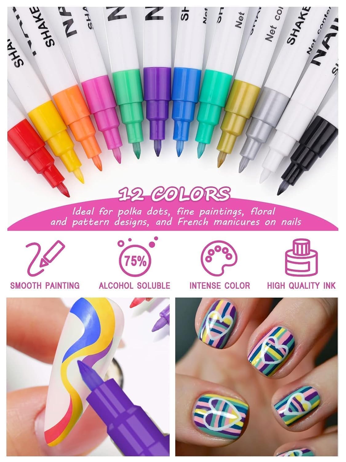 Kalolary 12 Color 0.7MM Nail Art Pens Set, 3D Nail Polish Pens Nail Point Graffiti Dotting Pen Drawing Painting Liner Brush for DIY Nail Art Beauty Adorn Manicure Tools