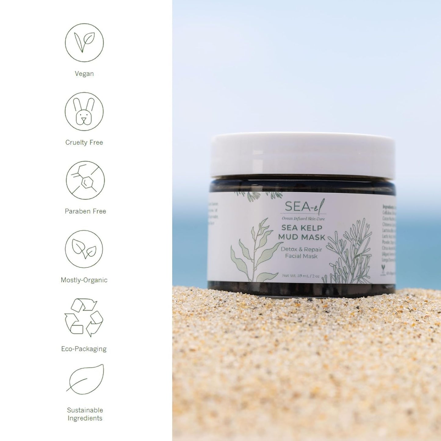 Sea-el Sea Kelp Mud Face Mask Skincare Activated Charcoal & Bentonite Clay Detox & Repair Facial Mask Calming Hydration Boost - Turmeric & Aloe Daily Glow Essentials for Women & Men - 2oz