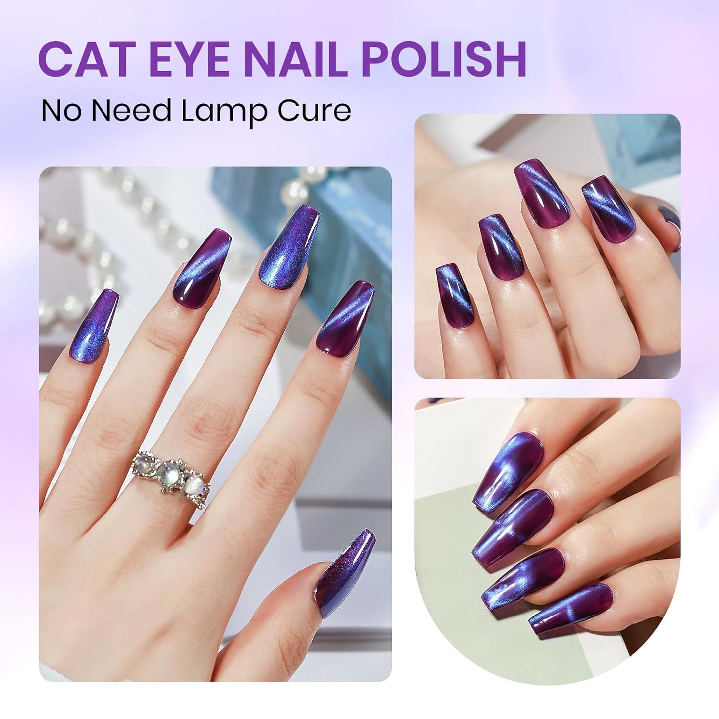 Purple Quick Dry Magnetic Nail Polish Non Gel Cat Eye Nail Polish for Fingernail Air Drying Fast Lacquer Manicure Gift For Women Girls 16ml, 0.54fl oz