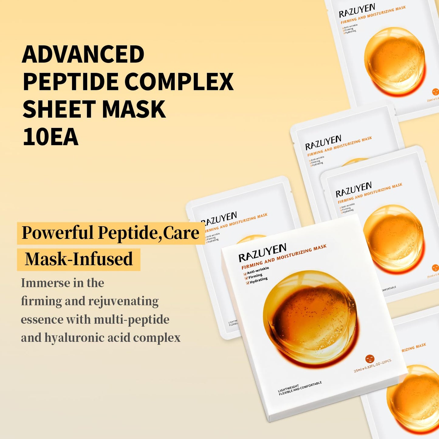 Firming and Moisturizing Sheet Face Masks (Pack of 10) with Hyaluronic Acid and Peptides, Reduce Fine Lines and Wrinkles, Hydrating & Anti-Aging Spa Face Mask, Facial Skin Care