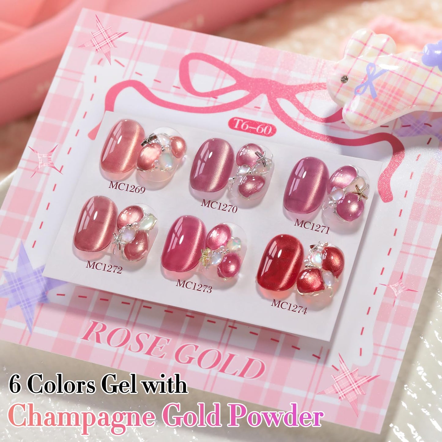 Double Rhythm Cat Eye Gel Nail Polish Set of 6 Same Color Same Bottle 0.5 Oz Shimmer Glitter with Magnet Holographic Reflective Magnetic UV Nail Polish Kit at Home (Golden Rose Pink-T6-60)