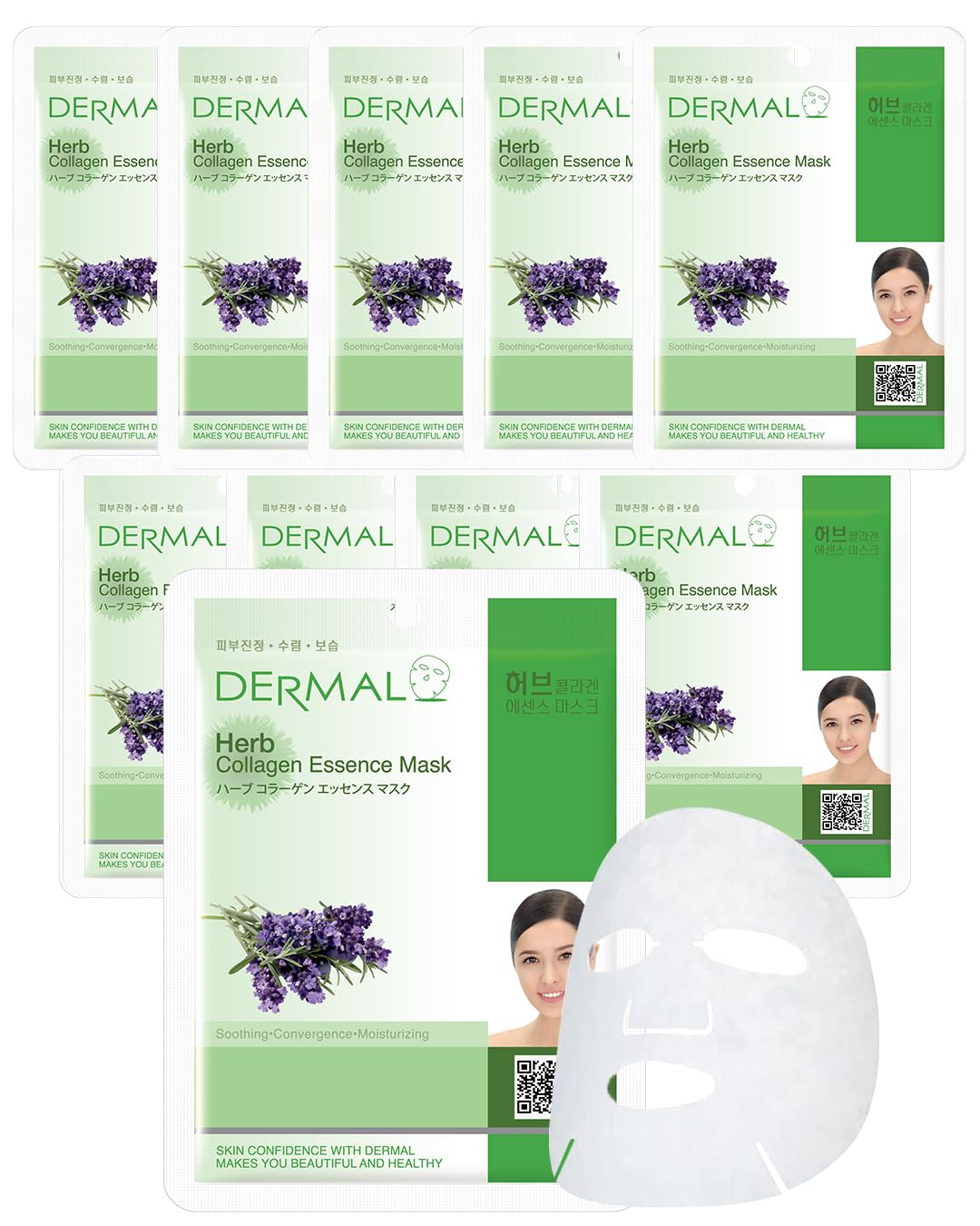 DERMAL Herb Collagen Essence Facial Mask Sheet 23g Pack of 10 - Skin Clear and Purifying, Pore Tightening, Calming for Oily Skin, Daily Skin Treatment Solution Sheet Mask