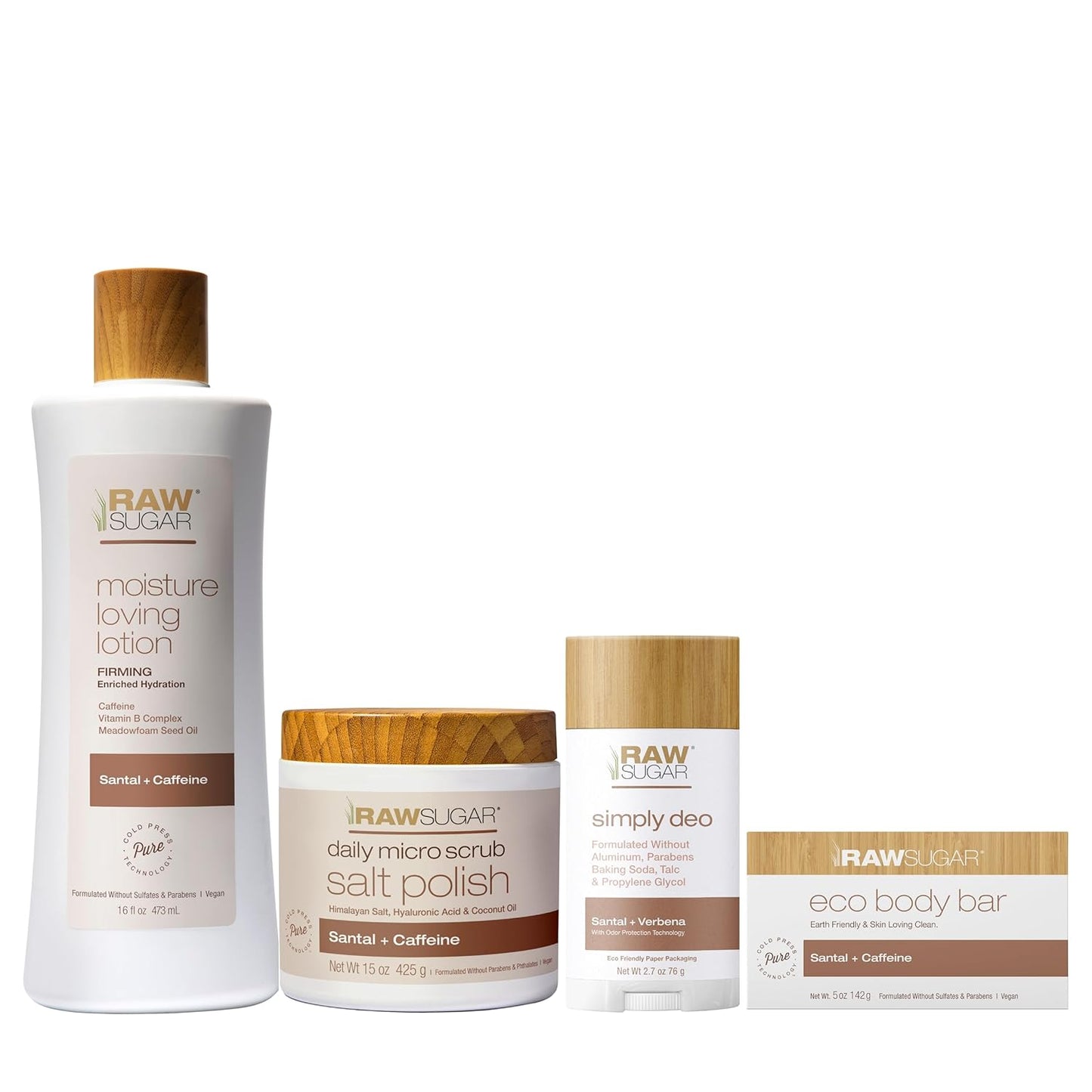 Raw Sugar Santal Body Love Bundle - Body Scrub, Body Lotion, Soap Bar, & Deodorant, Vegan and Cruelty Free, Formulated without Sulfates + Parabens