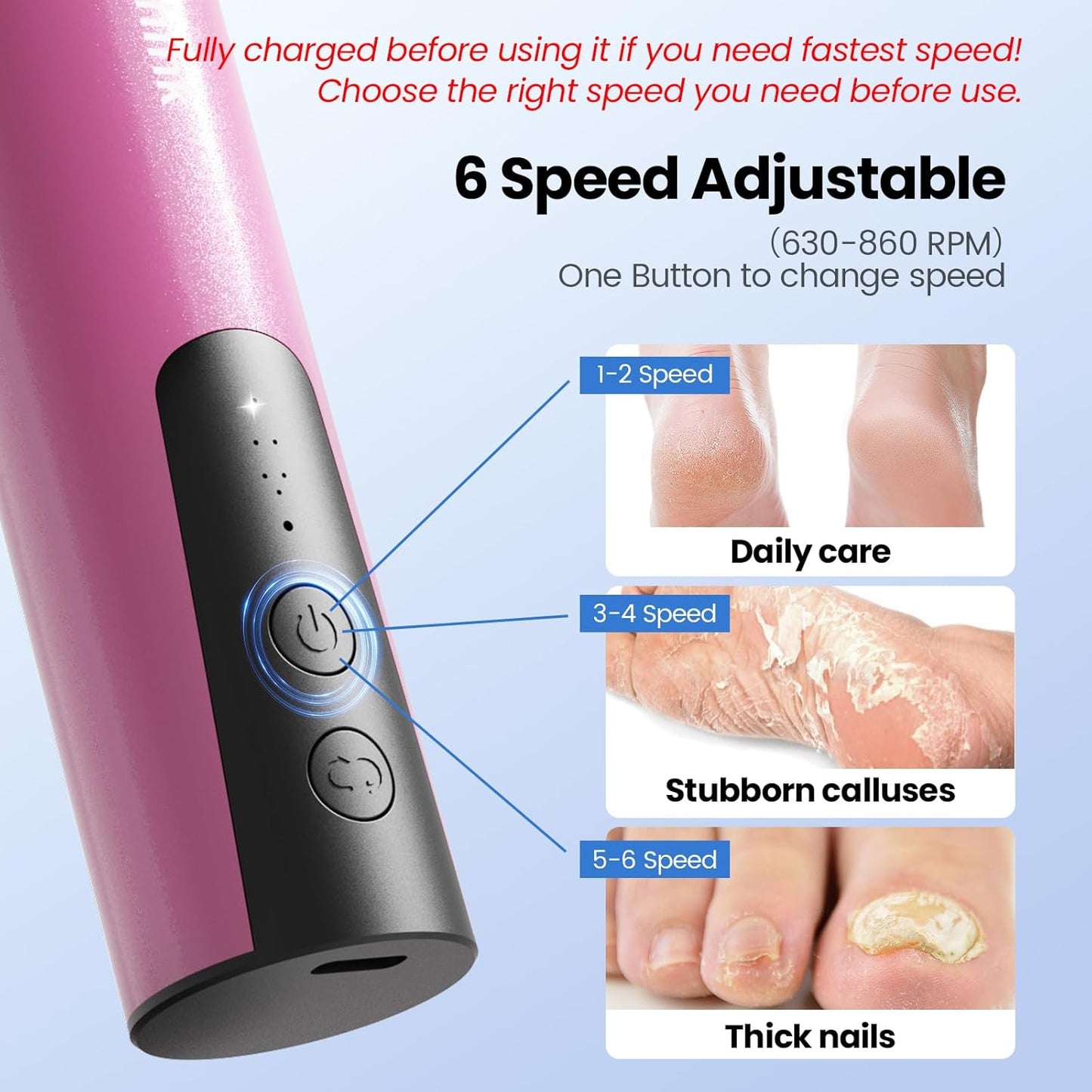Electric Foot Callus Remover, 2 in 1 | 6 Speed Adjustable Foot File Nail Grinder with Sandpaper Disks, Professional Sander Pedicure Tool for Feet Dead Skin, Self Care Gifts for Women Mom Lover Friends