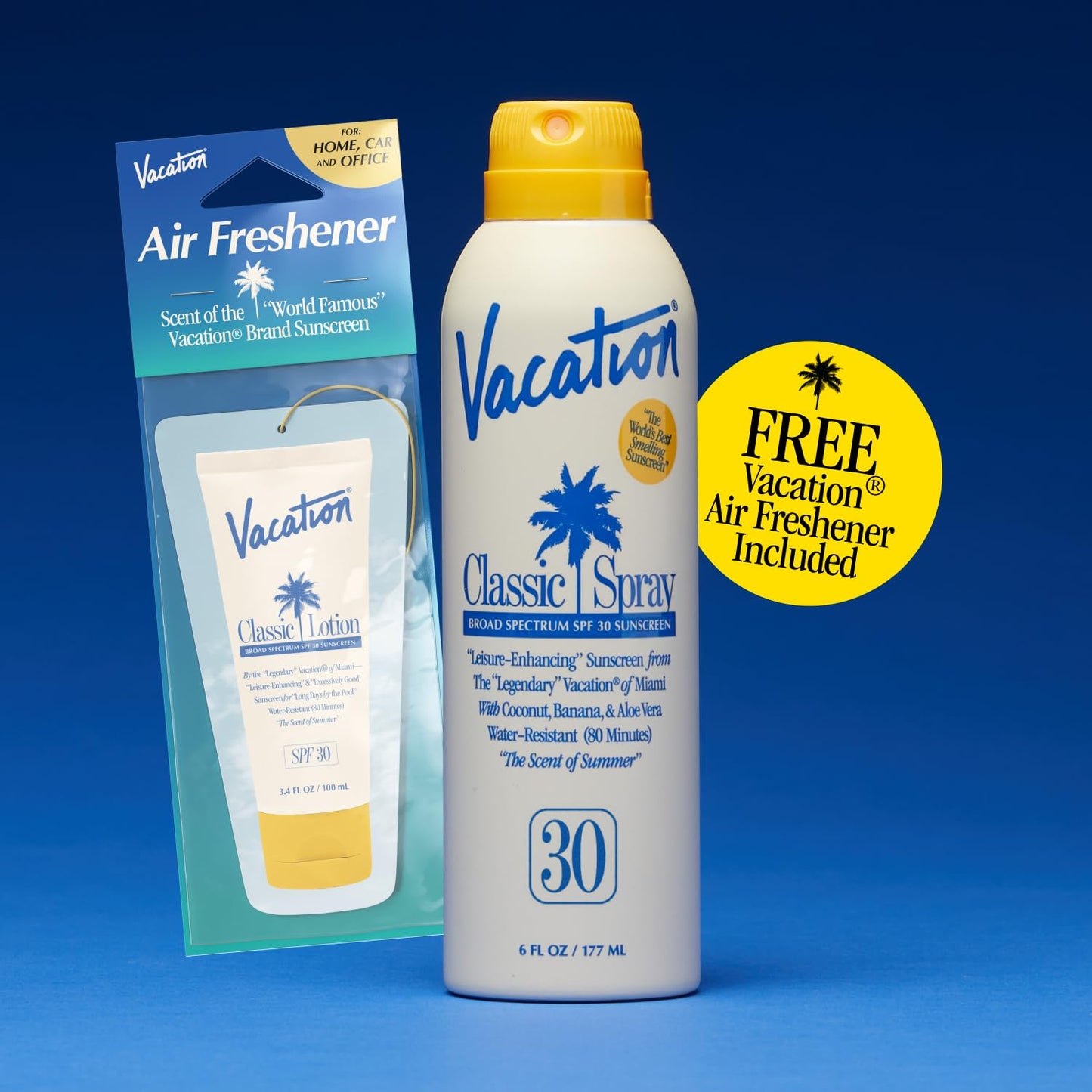 Vacation Classic Sunscreen Spray SPF 30 & Air Freshener Bundle, Water-Resistant, Lightweight, Transparent on All Skin Tones, Dermatologist-Tested, Vegan, 6 Fl. Oz.