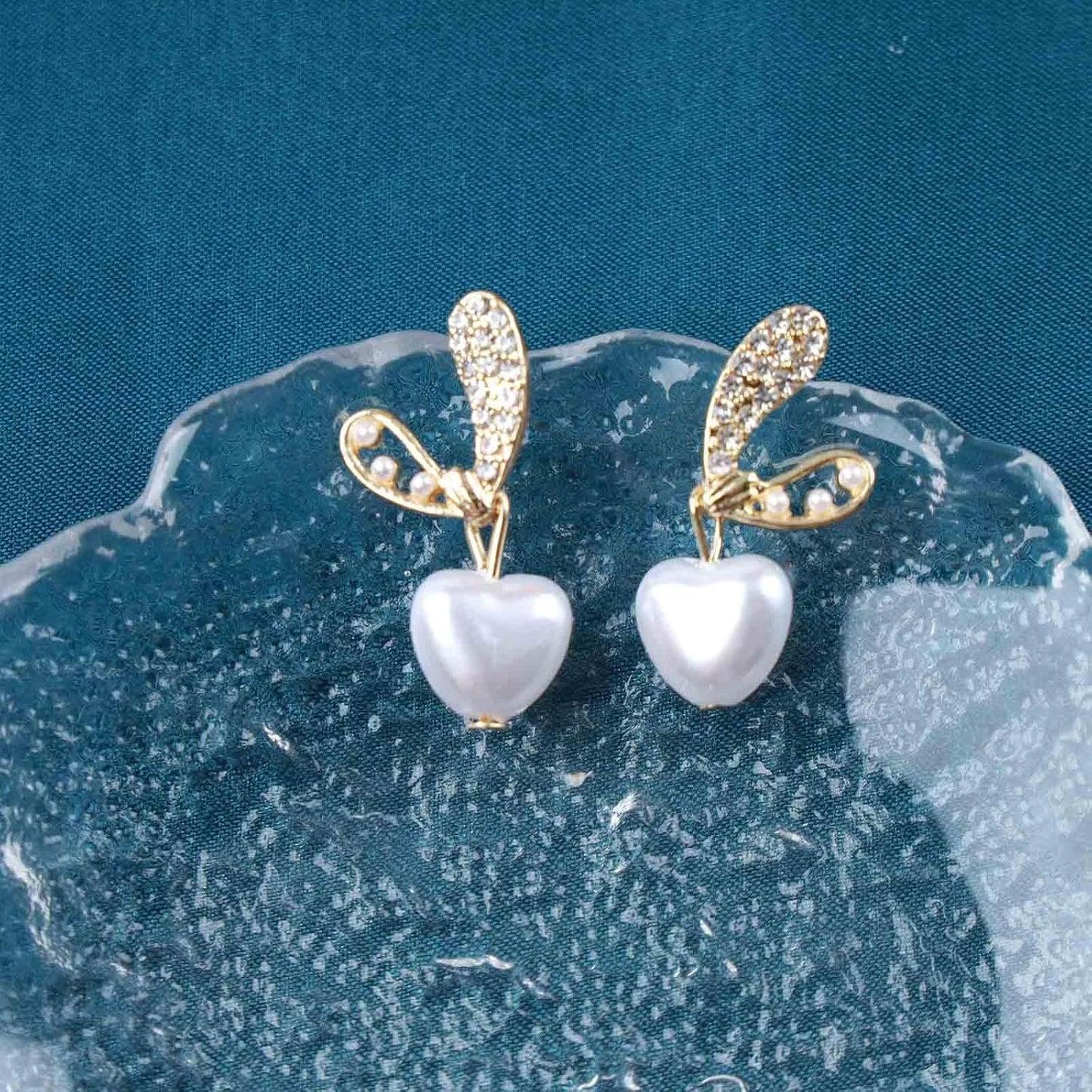 Vintage Crystal Pearl Heart Dangle Earrings Rhinestone Pearl Drop Earrings Gold Cz Pearl Stud Earrings Heart Love Earrings Jewelry for Women