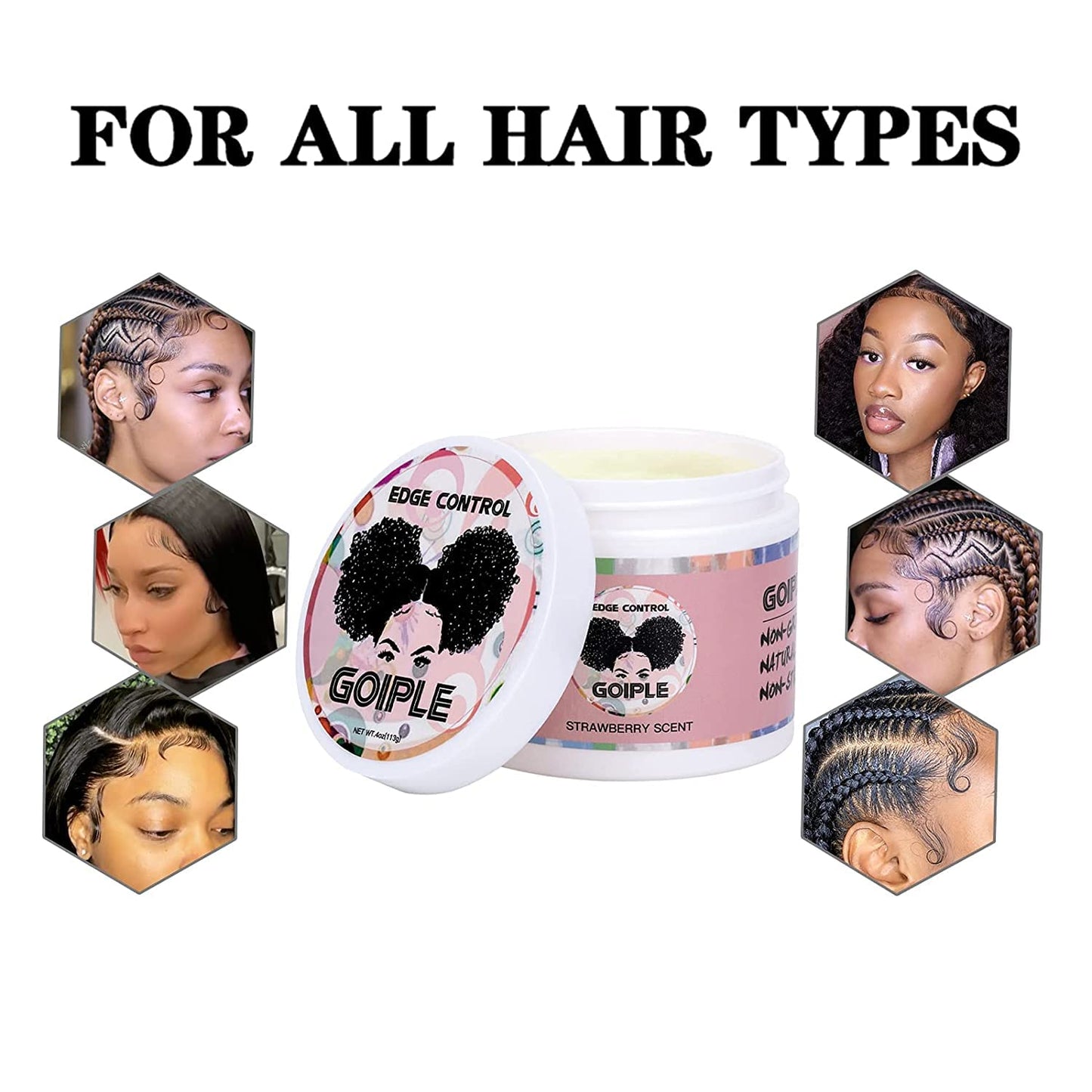 Goiple Edge Control Wax for Women Strong Hold Non-greasy Edge Smoother Strawberry Scent (4oz Edge Control Wax + Edge Brushes*2 + Pink Elastic Bands*2)