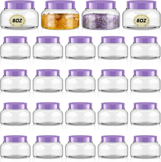 Tessco 24 Pack Plastic Jars with Lids Labels Empty Clear Plastic Jars Round Refillable Cosmetic Containers Body Butter Containers Bulk Sugar Scrub Bottle for Make Up(8 oz,Purple)