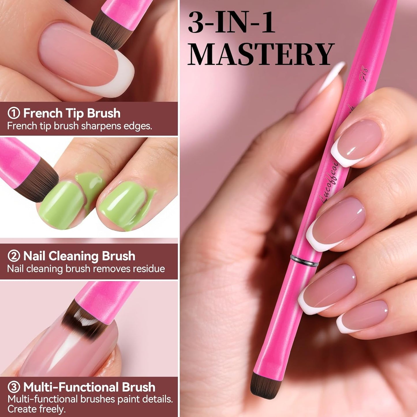 Nail Brush for French Tip, Nail Cleaning Brush for Gel & Acrylic - Professional Kolinsky Sable French Manicure Brush, Thin Nail Art Brush for Precise Clean Up & Polygel Application (Pink, F16)