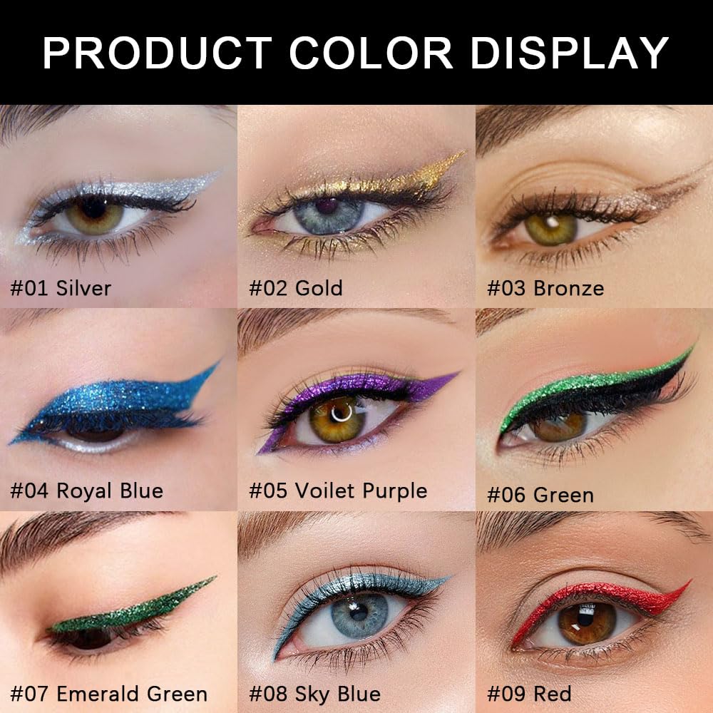 evpct 2Pcs Blue Glitter Shimmer Liquid Eyeliner Eye Makeup Pencil Pen, Pearl Blue Chrome Eyes Liner Face Glitter Makeup Fake Eyelashes Mascara Accessories, Sparkle Metallic Eyeliner Pen Waterproof