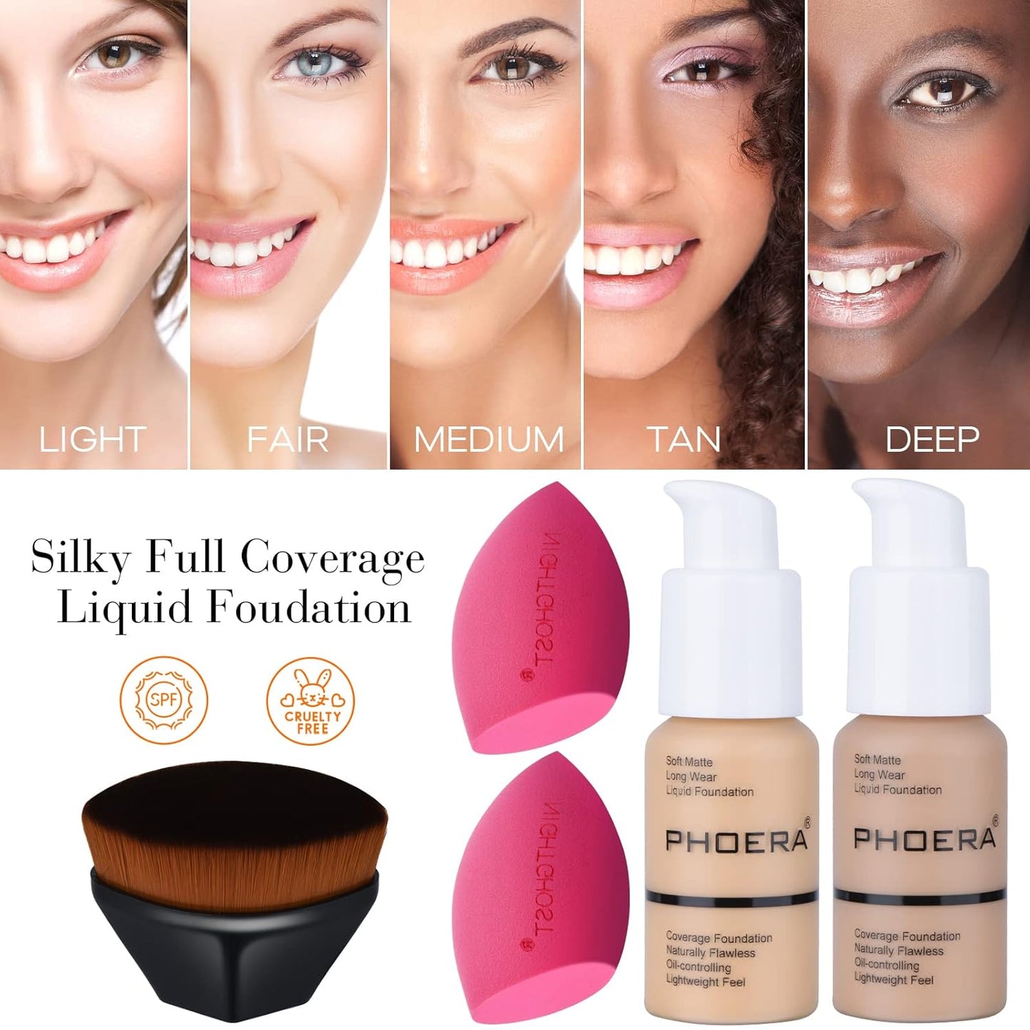 Foundation Makeup Sets Full Kit for Women Pack 8 Included Phoera Foundation,Flat Top Kabuki Brush Kit,Primer,Powder Foundation,Makeup Sponges (103 Warm Peach + 104 Buff Beige)