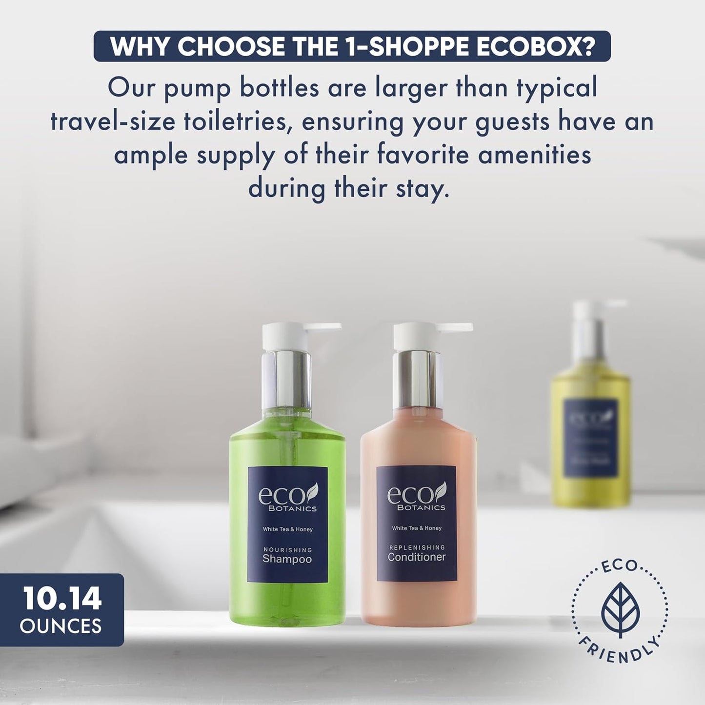 1-Shoppe Eco Botanics 10 Piece Ecobox All-In-Kit | White Tea and Honey Soap | 3 Shampoo, 2 Conditioner, 3 Body Wash & 2 Lotion | 10.14oz Hotel Soaps and Toiletries Bulk | Personal Care Products