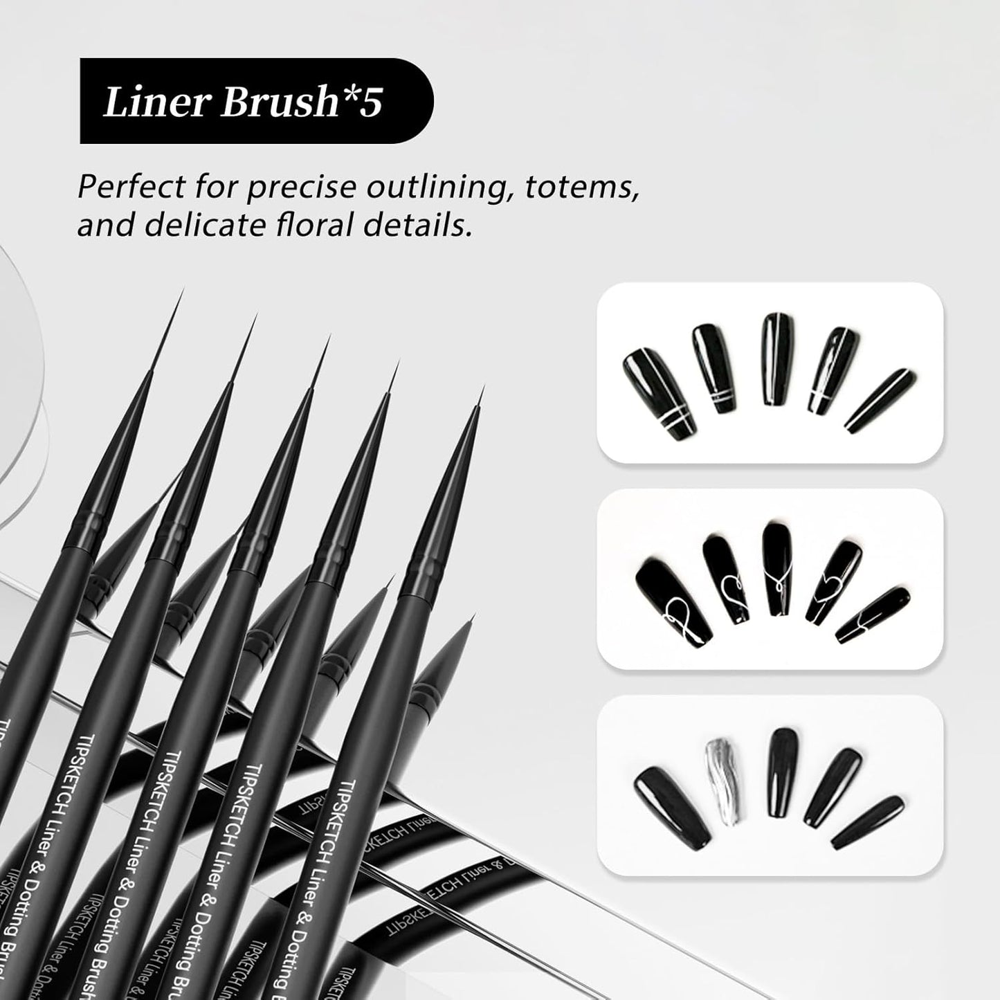 Nail Art Liner Brushes 5Pcs Dotting Pen Tools Nail Art Brushes Thin Liner Set(4/8/12/15/20 mm) for Long Lines, Thin Details Gel Polish Nail Paintings Double-End Nail Art Tools
