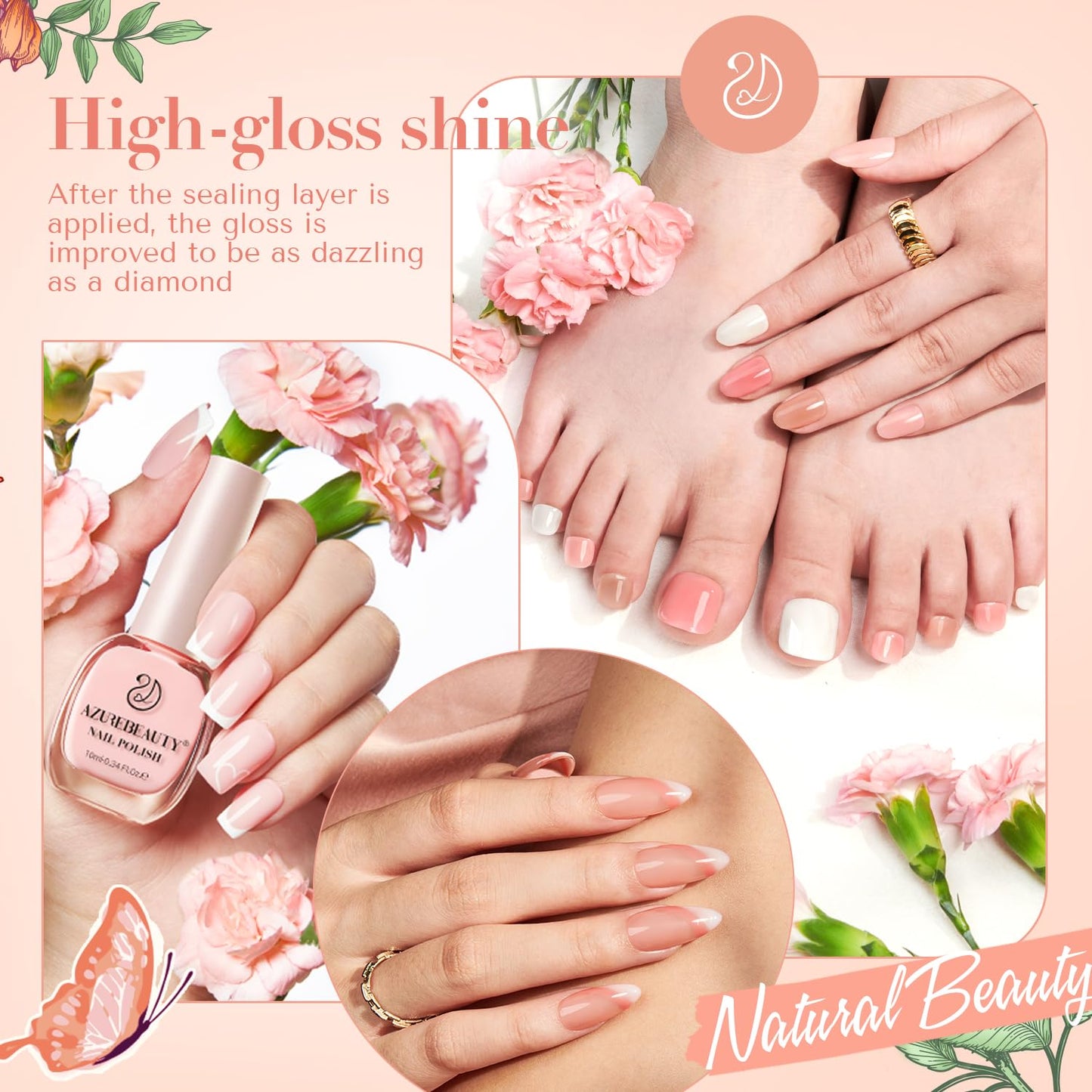 AZUREBEAUTY Nail Polish Set, 4 Colors Nude Pink Jelly Transparent Clear Milk White Quick Dry Natural Nail Lacquer Strengthening Treatment Kit with Top Coat DIY Salon at Home