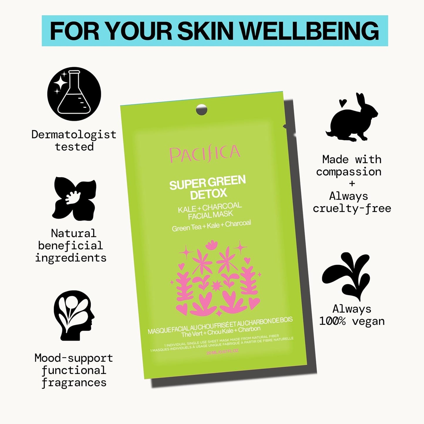 Pacifica Super Green Detox Sheet Mask – Charcoal, Kale & Clay Pore Cleansing Mask for Oily, Blemish-Prone Skin, Deep Detox Facial Mask, Vegan