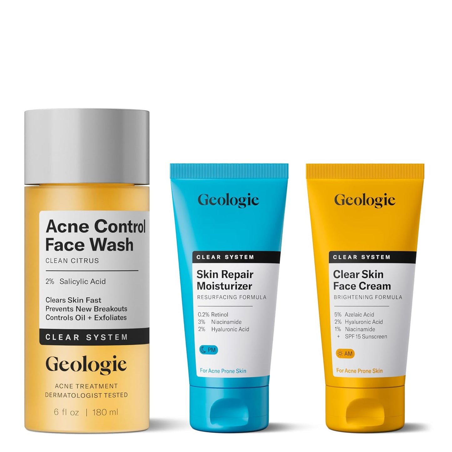 Geologie Clear Skin Face Routine | 3-Piece Kit Includes Exfoliating Cleanser, Repairing PM Moisturizer, Oil Free AM Moisturizer | Daily Routine for Clear, Healthy Skin | Lasts 3 Months