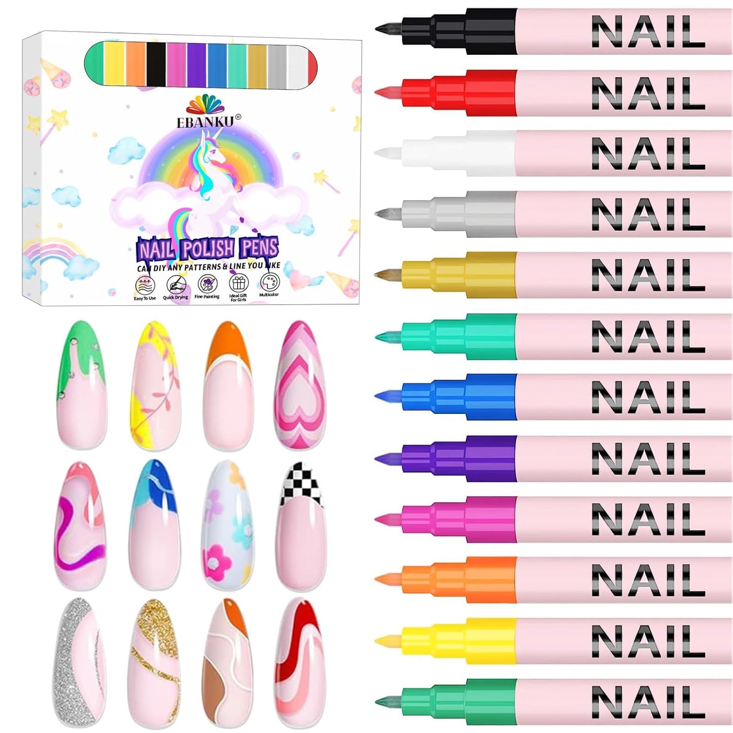 EBANKU Nail Art Pens Quick-Drying, 3D 12 Colors 0.7MM Nail Polish Pens Set Nail Art Drawing Pen Acrylic Paint Nail Point Dotting Liner Pen Tools for Home DIY Salon Nail