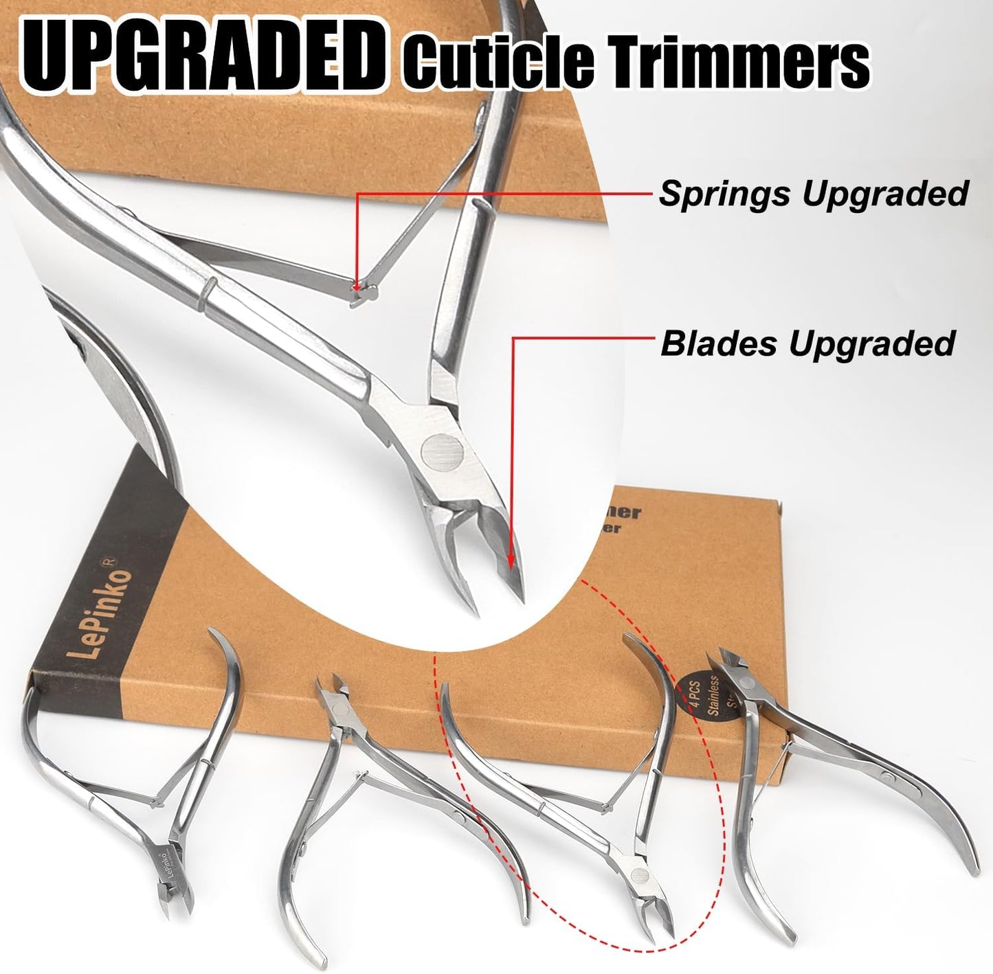 LePinko 4 Packs Upgraded Cuticle Trimmer kit, Sharp Dead Skin Clipper, Labor-saving Cuticula Remover for Fingernail Toenail, Manicure Pedicure Tool for Women Men, 5mm Jaw