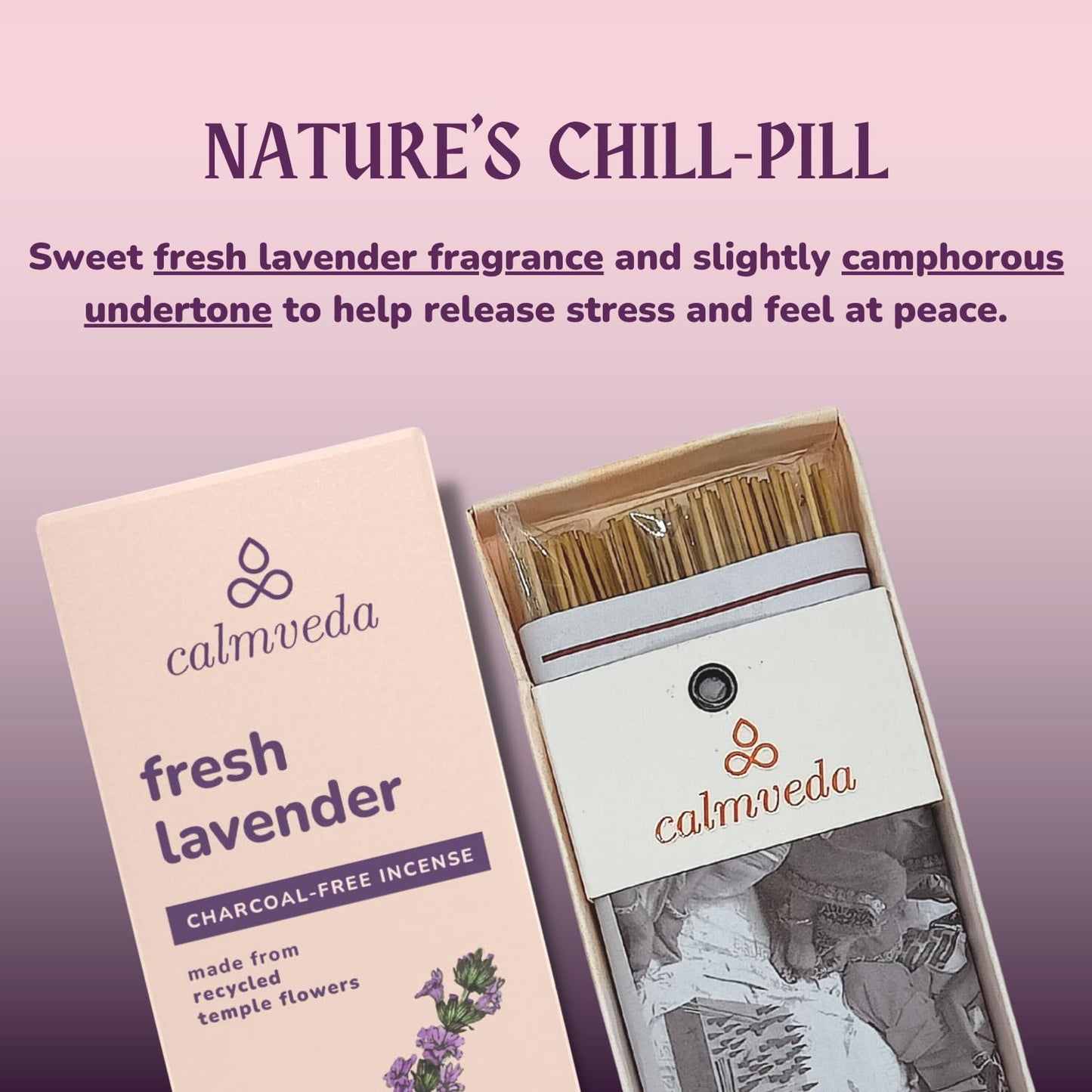 Fresh Lavender Incense for Calming - 80 Charcoal Free Incense Sticks, Made from Upcycled Flowers | Organic Incense Sticks Non Toxic | Use for Relaxation & Improves Sleep