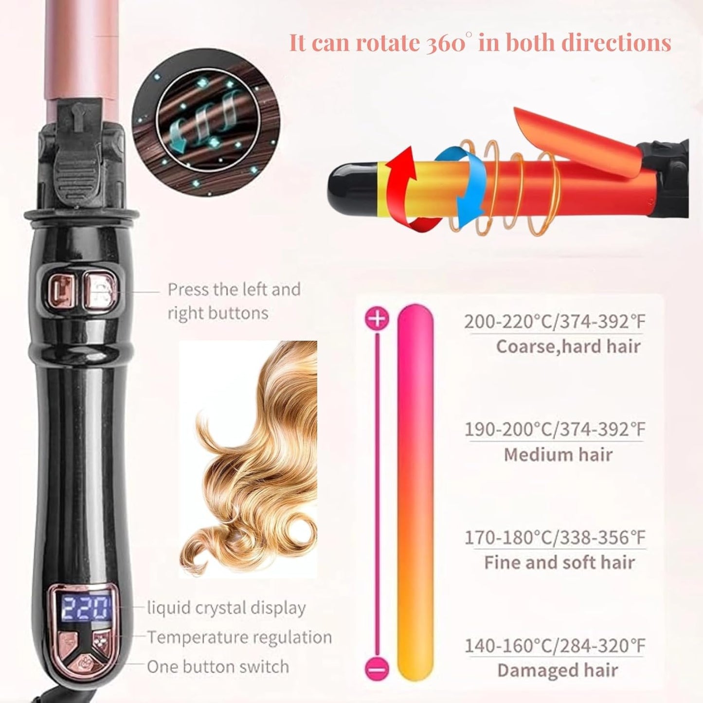 Automatic Curling Wand 28mm/1.1 inch Rotating Curling Iron with LED Display Fast Heating Wand for Short Long Hair Professional Hair Waver Styling Irons