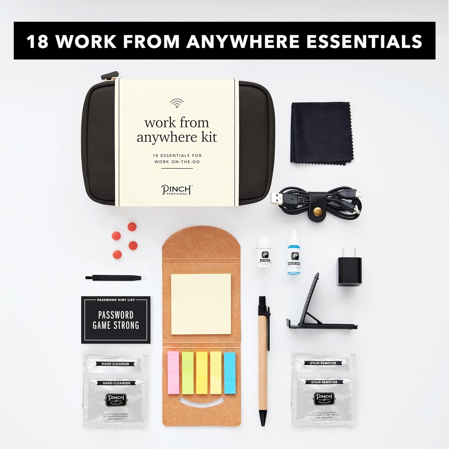 Pinch Provisions Work from Anywhere Kit, Includes 18 Essentials to Help You Stay on Task, Must-Have Essentials, Compact Multi-Functional Vegan Leather Pouch, Black