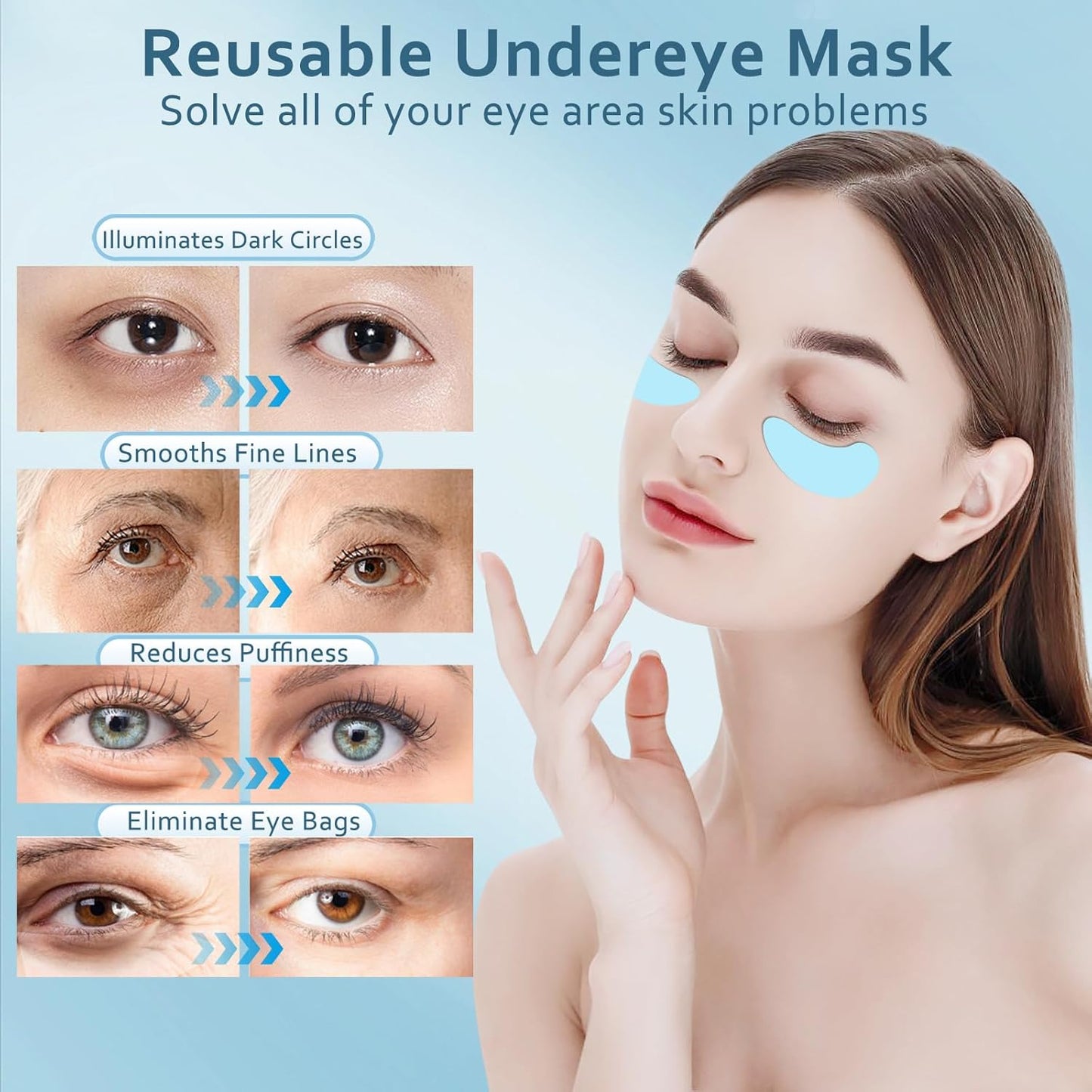 Reusable Eye Patches, 3 Pairs Eye Patches, Rreusable Under Eye Patches with Lifting Effect to Reduce Wrinkles and Fine Lines, Silicone Patches with Metal Eye Cream Applicator,Tin Case