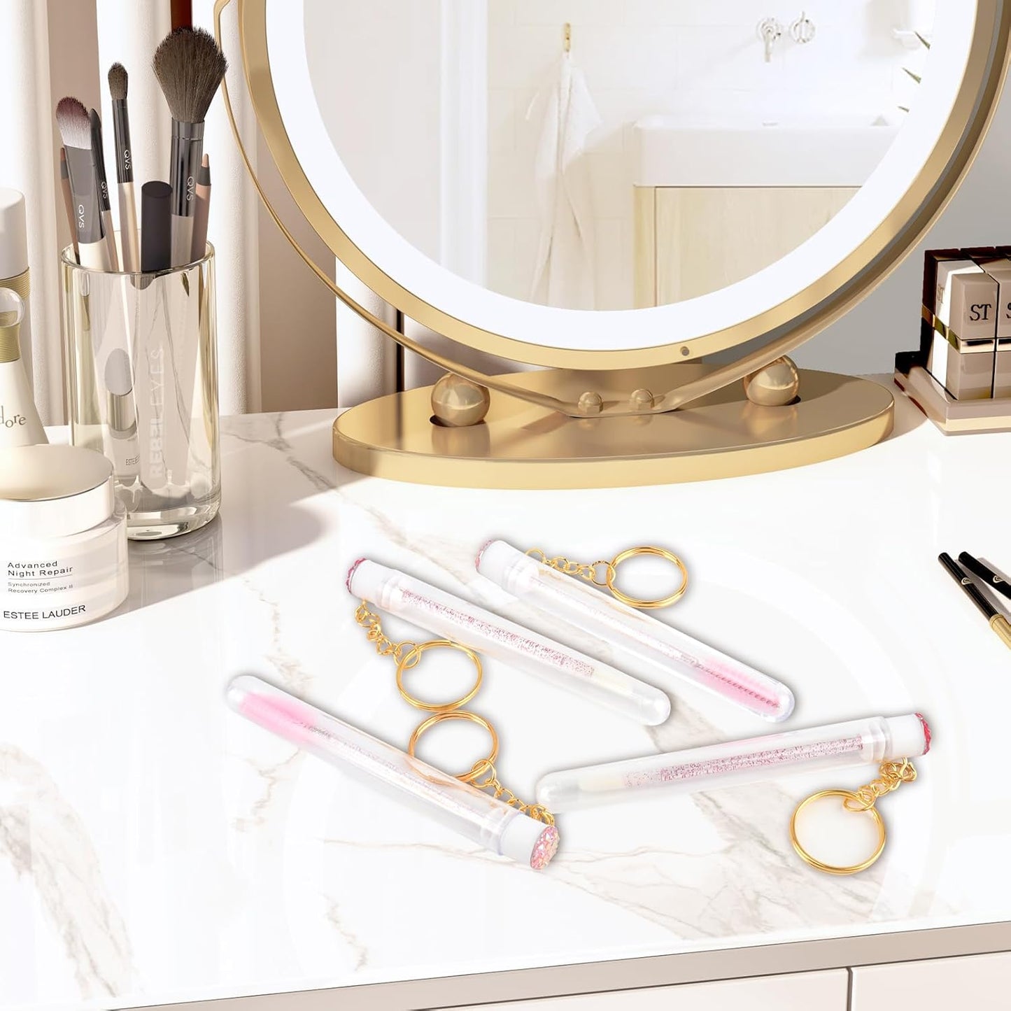 48 Pieces Disposable Mascara Wands Set,Include 24 pcs Disposable Crystal Lash Spoolies Brush and 24 Pieces Reusable Diamond keychain Empty Eyelash Brush Tubes for Women Girls Makeup Brush Kit