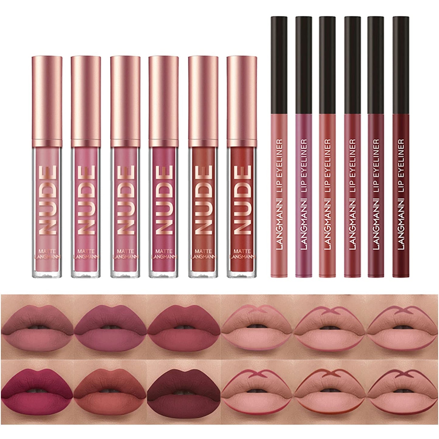 BestLand 12Pcs Matte Liquid Lipstick + Lip Liner Pens Set, Velvety Nude Lip Stain Waterproof Long Wear Makeup Gift Set