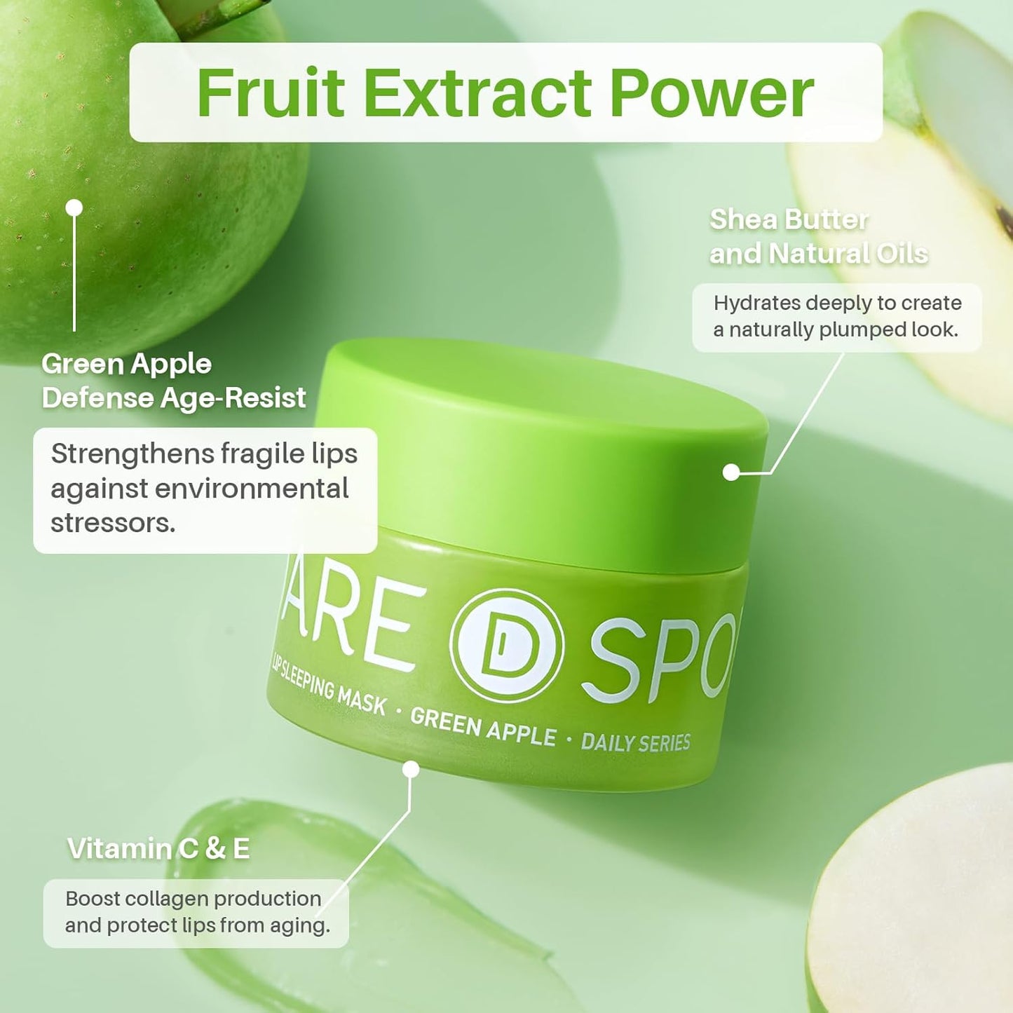 Sleeping Lip Mask Green Apple - Repair for Dry Cracked Lips, Infused with Vitamin C and Shea Butter, Lip Mask Nourish and Revitalize Overnight, Wake to Softer, Smoother, Glow Lip - 0.42 Fl Oz