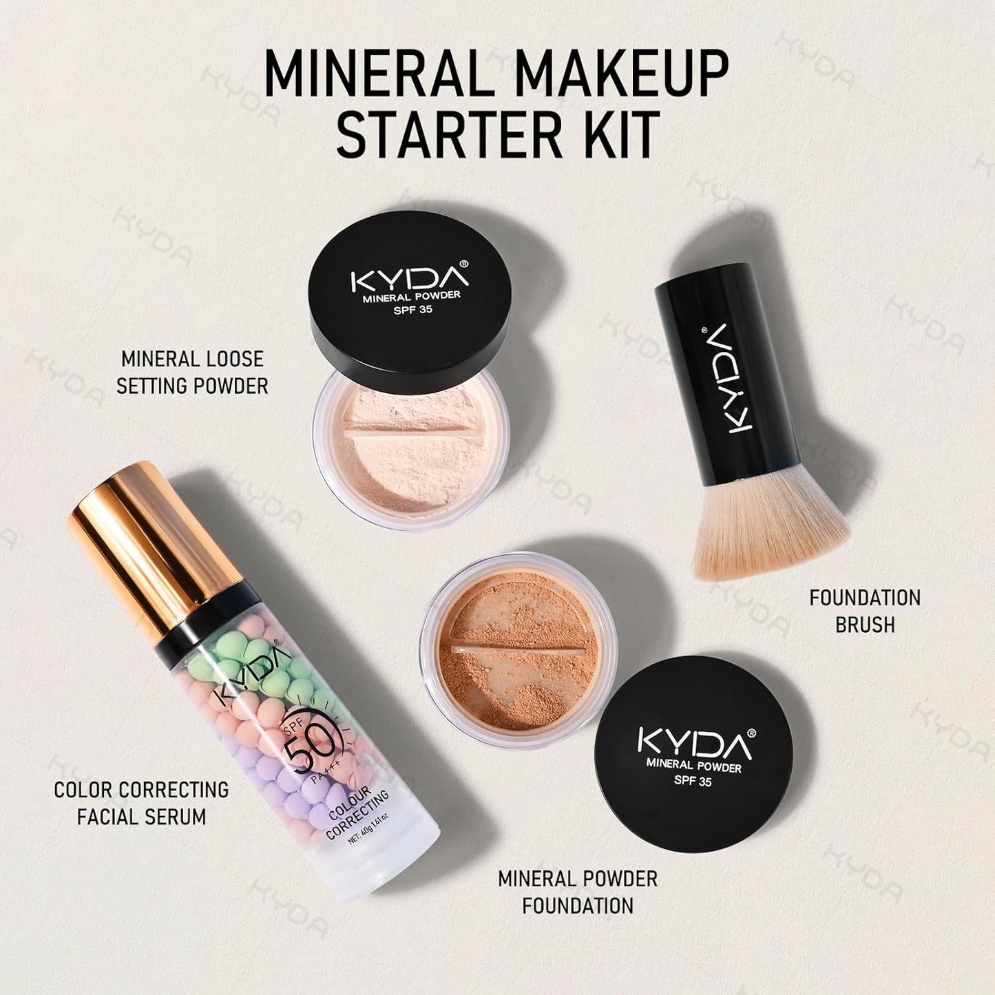 KYDA Mineral Makeup Kit, Includes SPF 50 Color Correcting Primer, SPF 35 Loose Powder Foundation + Translucent Loose Setting Powder, Foundation Brush, Makeup Starter Set, Travel Size - Fairly Medium