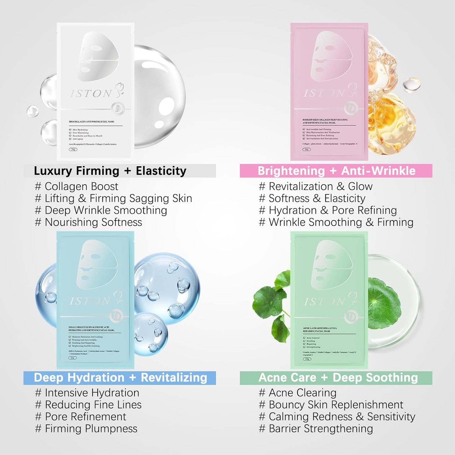 ISTON 4-in-1 Bio-Collagen Real Deep Mask Set -Plump Sagging Skin,Deep Hydration,Soothe & Repair,Nourish & Firm, Overnight Hydrogel Mask for All Skin Type