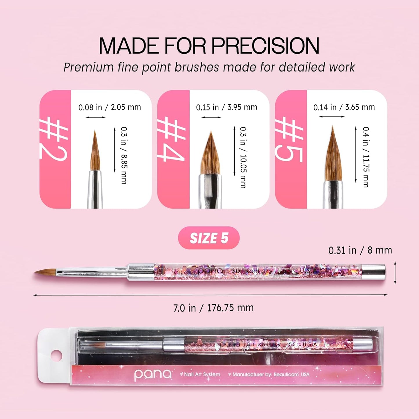 PANA 3D Kolinsky Nail Art Brush - Pink Glitter Handle, Size 5 - Acrylic Nail Art Sculpture Brush for Manicures Pedicure Salon Professional or Beginner
