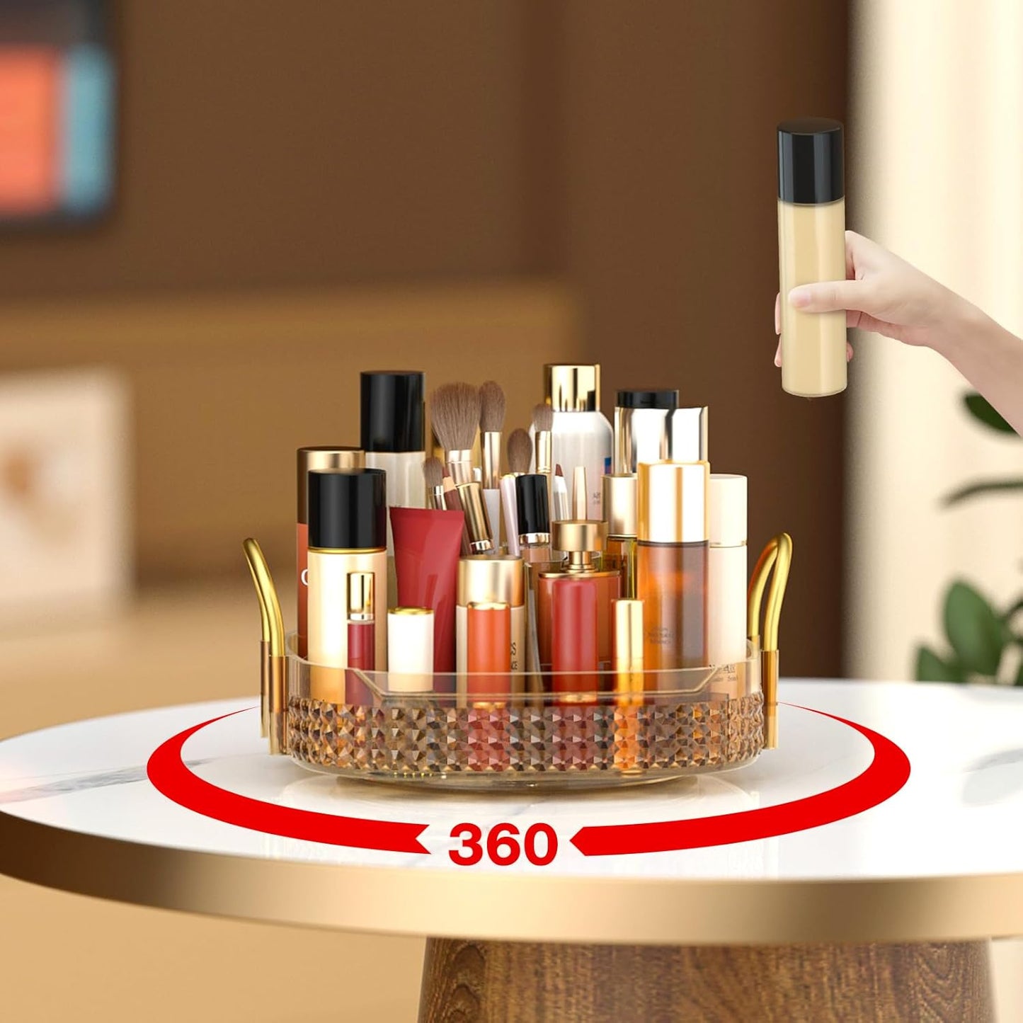 Awenia Rotating Makeup Organizer 360, Stackable Adjustable Large Capacity Cosmetic Storage Unit,Dresser Bathroom Kitchen Countertop Organizer with Metal Handle, Plus Size (Honorable Gold, 1 Tier)
