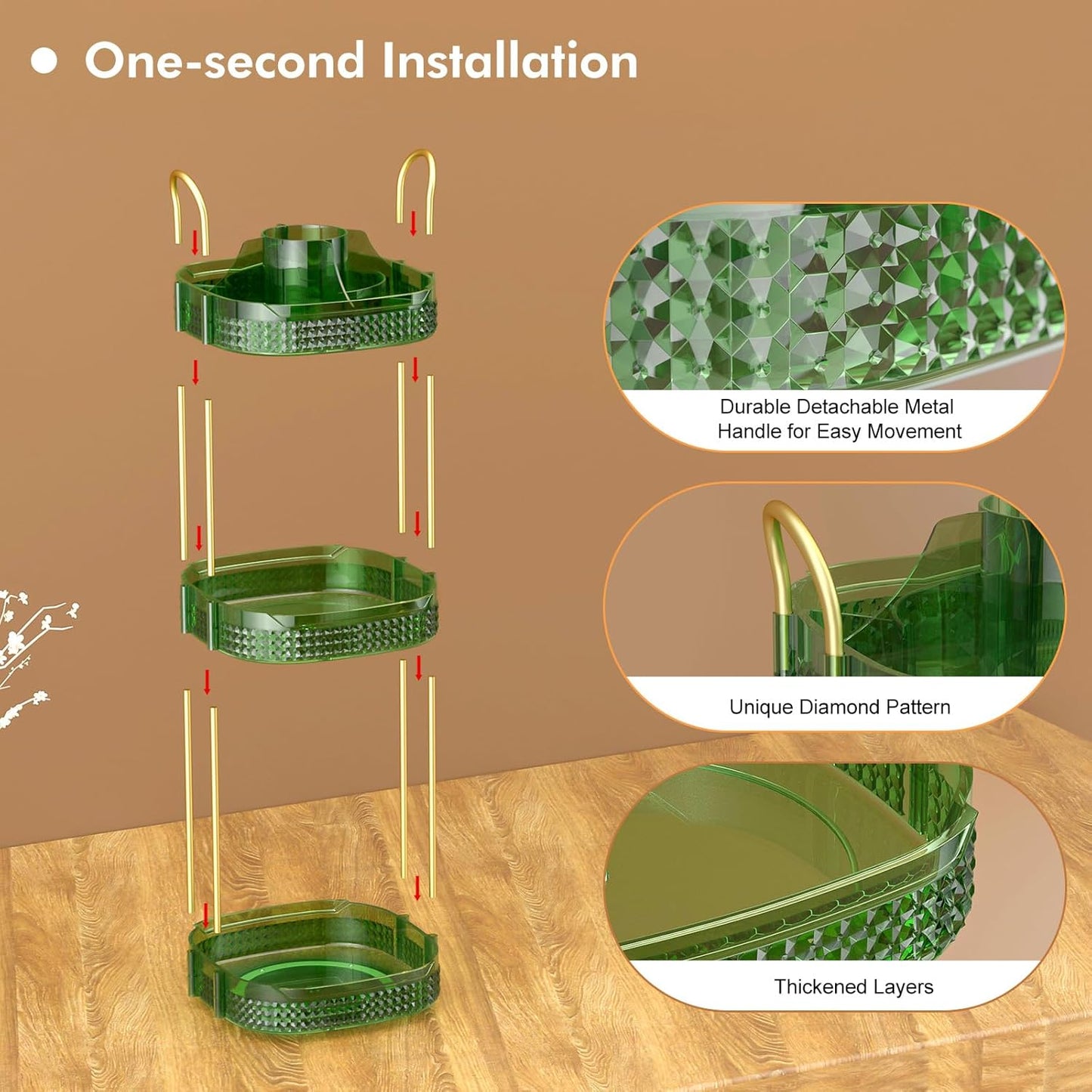 Awenia Rotating Makeup Organizer 360, Stackable Adjustable Large Capacity Cosmetic Storage Unit,Dresser Bathroom Kitchen Countertop Organizer with Metal Handle, Plus Size (Gem Green, 3 Tier)