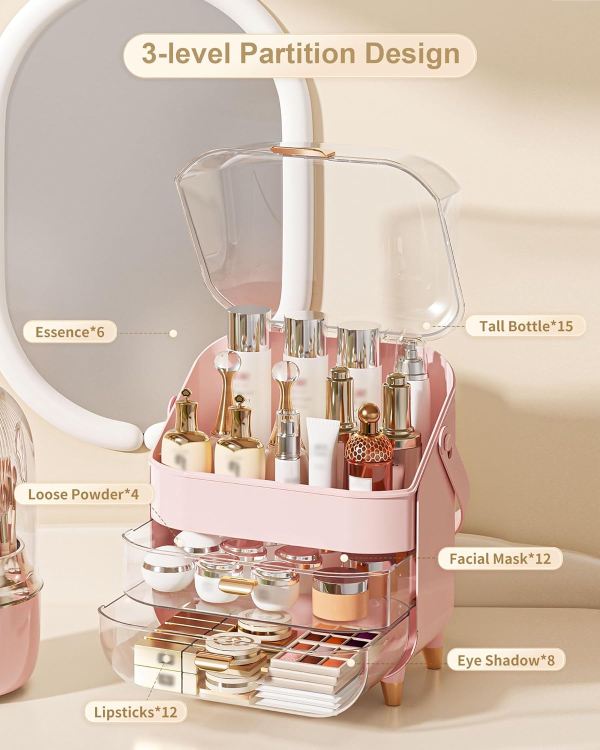 Makeup Organizer, Skincare Holder Bathroom Counter Organizer, Storage Box Cosmetic Display Cases, Teen Girl Gifts Trendy Stuff Make up Organizers for Vanity, Dresser, Countertop (Pink)