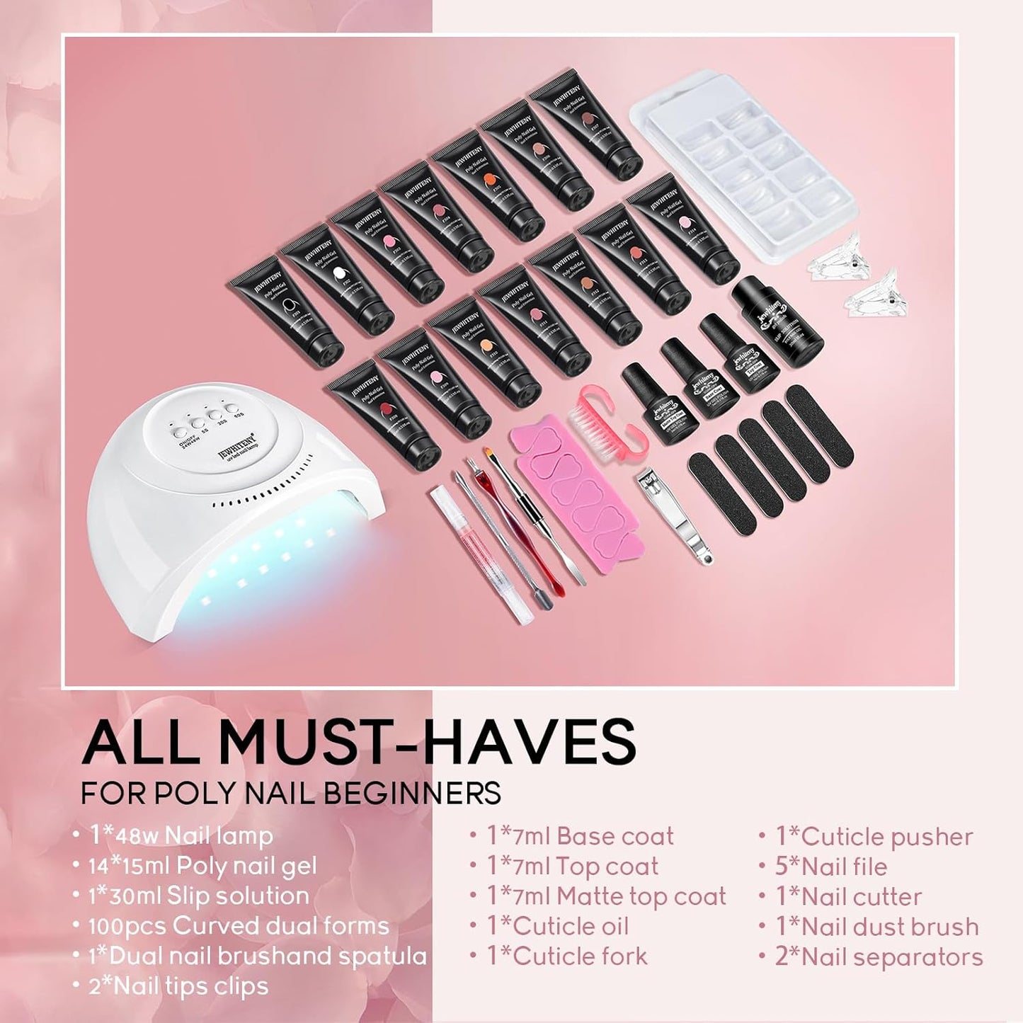 JEWHITENY 14 Colors Poly Extension Gel Nail Kit With U V Lamp Nude Pink White Brown All In One Poly Gel Starter Kit With Base Top Coat Manicure Salon Frence Nail Art DIY