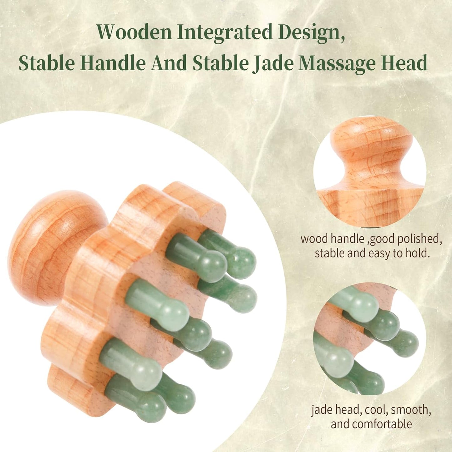 Natual Jade Massage Head, with Wooden Hander Comb,for Scalp Massager, Head Ficial, Body Acupressure Tool,gua sha Scraping, Relieve Fatigue,Stress Relax Device,for Hair Growth (Green)
