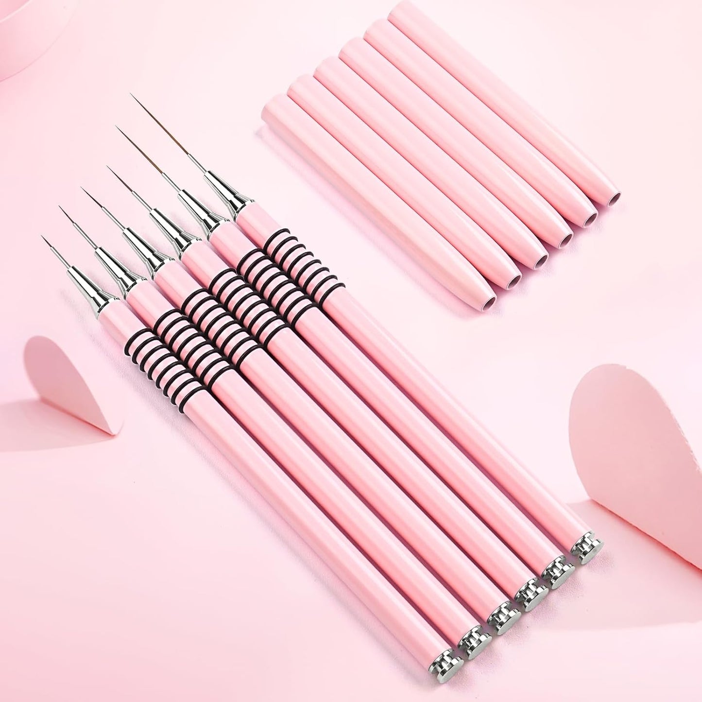 Nail Art Liner Brushes Set, 6Pcs Nail Art Design Brush Striping Thin Long Lines Dotting Drawing Pen, UV Gel Polish Painting Metal Handle Striper Brushes Size 5/7/9/11/20/25mm Pink