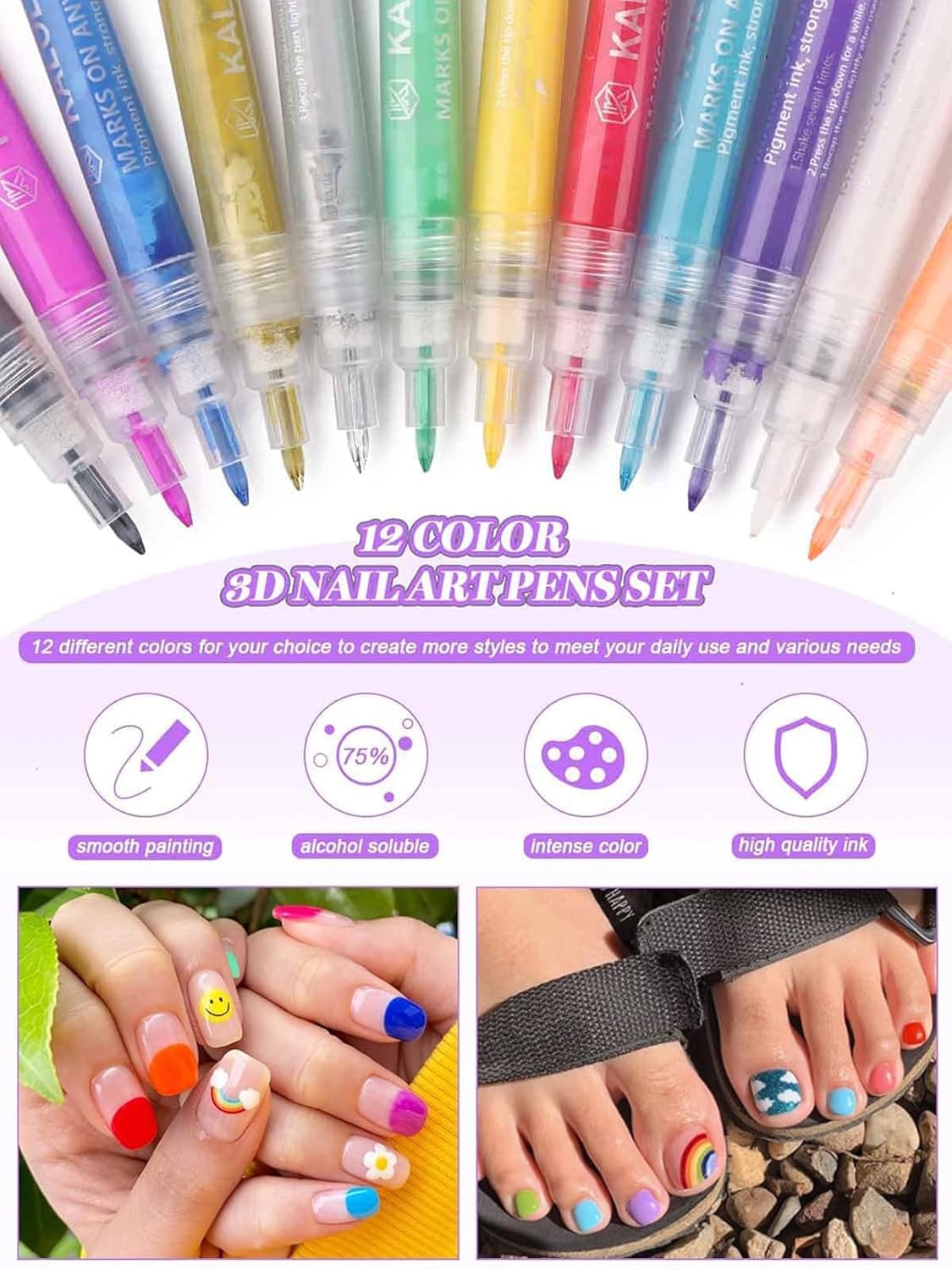 Nail Art Pens Set, EBANKU 12 Colors 3D Nail Polish Pens Acrylic Paint Pens Nail Markers for Nail Art Drawing Painting Manicure Tools Nail Design Kit Home Nail Salon DIY, 0.7MM