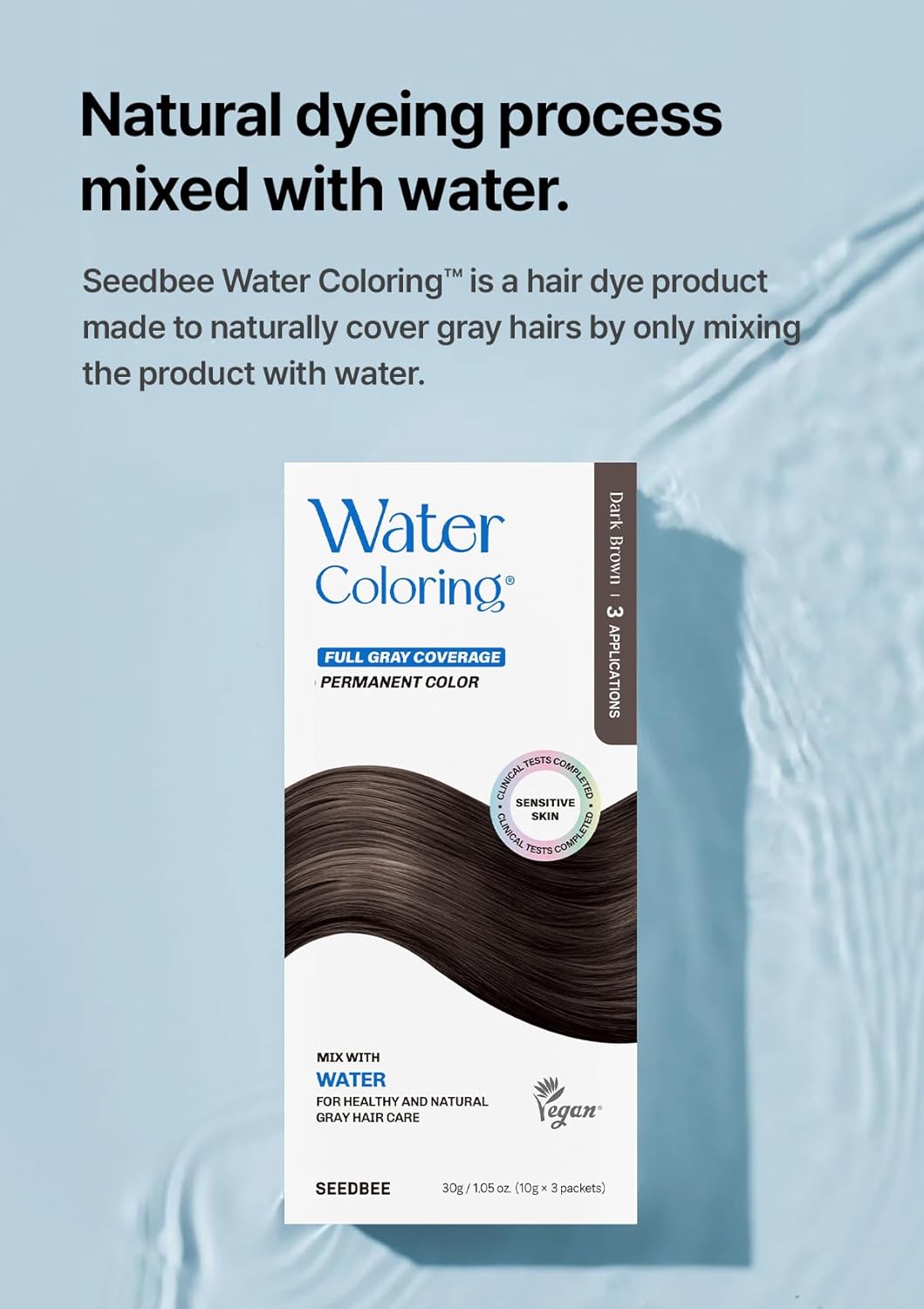 Korean Water Coloring for Gray Hair Coverage Dye, Dark Brown, 3 Packets, Quick & Natural Hair Tint, Vegan & Cruelty-Free Gray Cover, For All Hair Types, 30g (1.05 oz)
