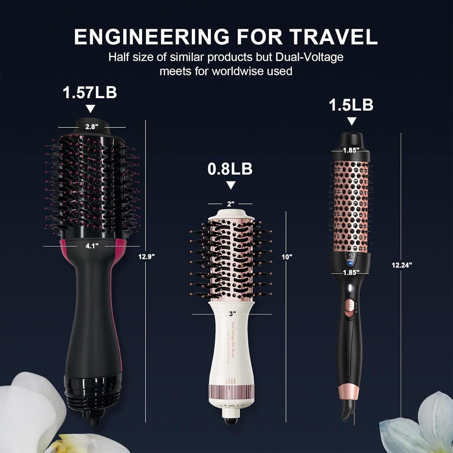 Travel Dual Voltage Hair Dryer Brush 4-IN-1 Portable Mini Hot Air Blow Dryer Straightener & Curler Brush, Titanium Round Blowout Styler Volumizer Tools, 110/240V US/EU/UK Plug for International Travel
