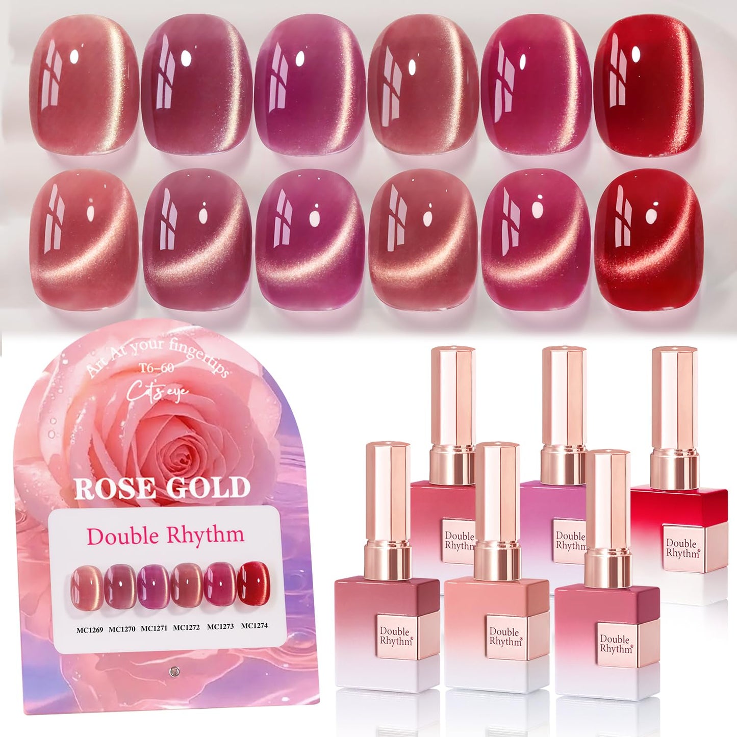 Double Rhythm Cat Eye Gel Nail Polish Set of 6 Same Color Same Bottle 0.5 Oz Shimmer Glitter with Magnet Holographic Reflective Magnetic UV Nail Polish Kit at Home (Golden Rose Pink-T6-60)