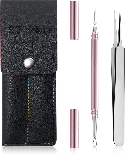 SGNEKOO Professional Facial Milia Removal Tool and Whitehead Extractor,Titanium Alloy Double Ended Needle and Steel Tweezers Kit,Blackhead,Blemish,Zit and Pimple Acne Remover Popper (Stainless Pink)