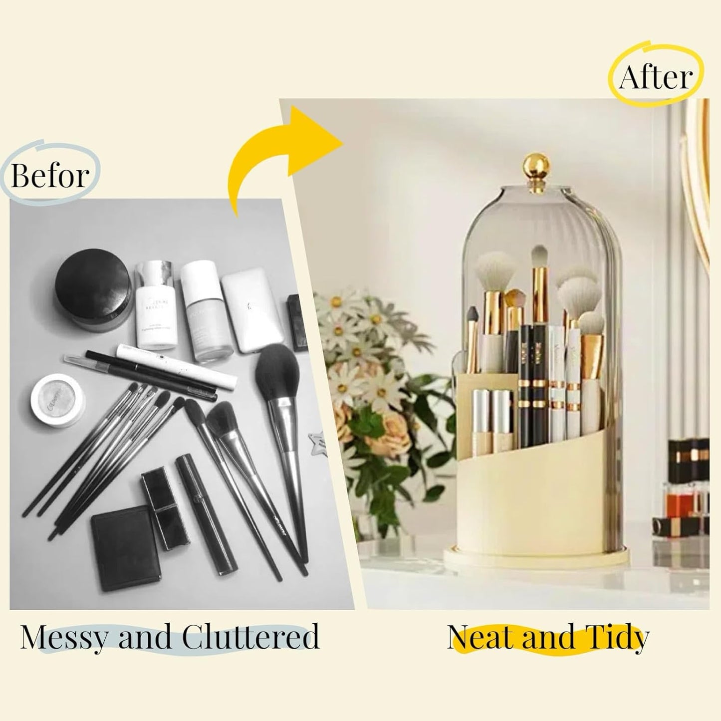 B-H1 Makeup Brush Holder with Dustproof Cover 360 Rotating Makeup Brushes Organizer for Vanity Desktop Bathroom (Gray)