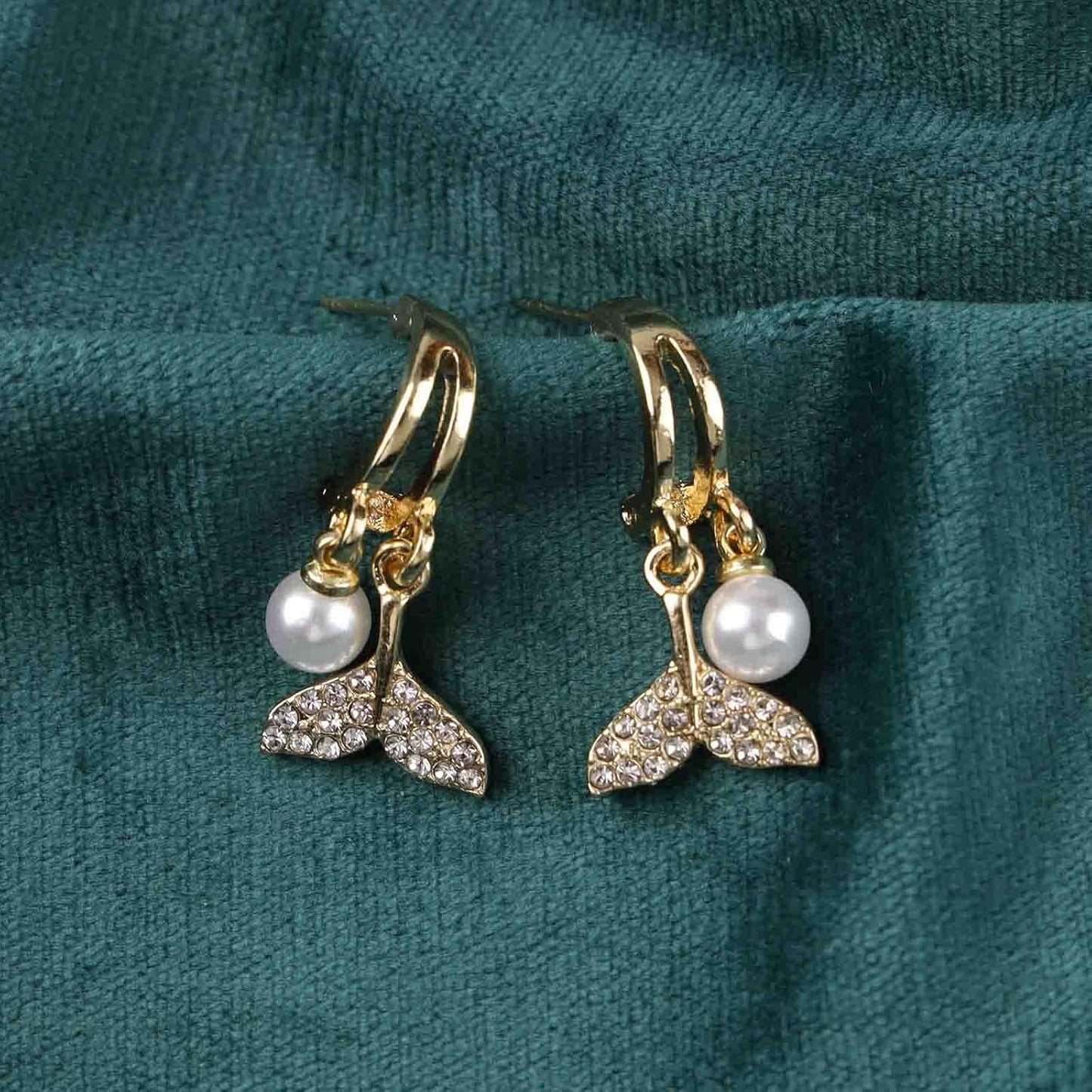 Boho Crystal Pearl Dangle Earrings Cz Mermaid Tail Stud Earrings Gold Pearl Hoop Earrings Vintage Whale Tail Earrings Jewelry for Women